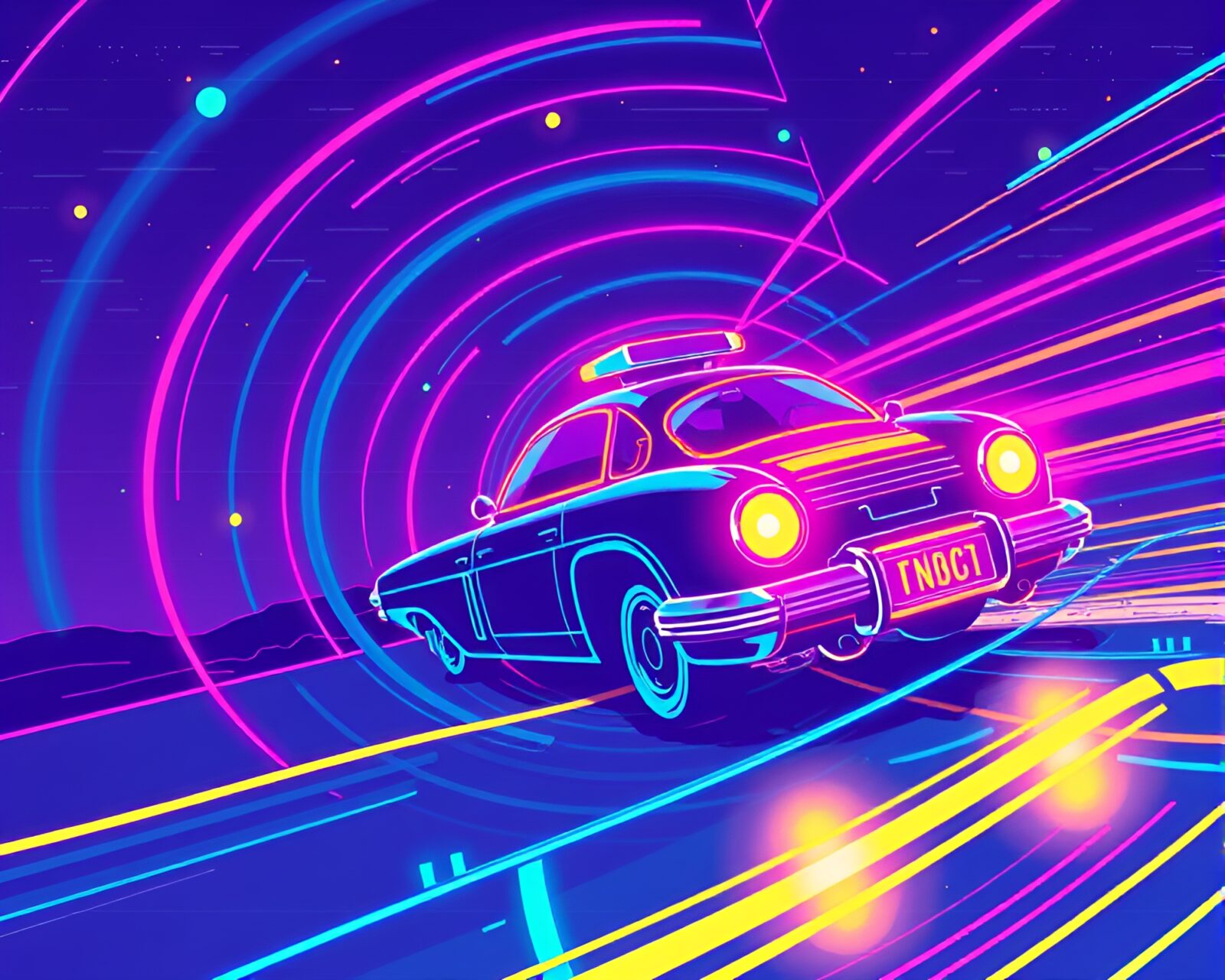 Pixel art depiction of retro hover car in spiral formation
