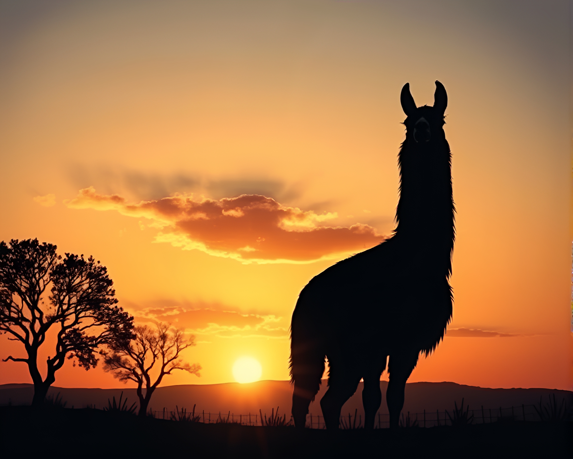 Llama silhouette in afternoon linocut – free AI stock image