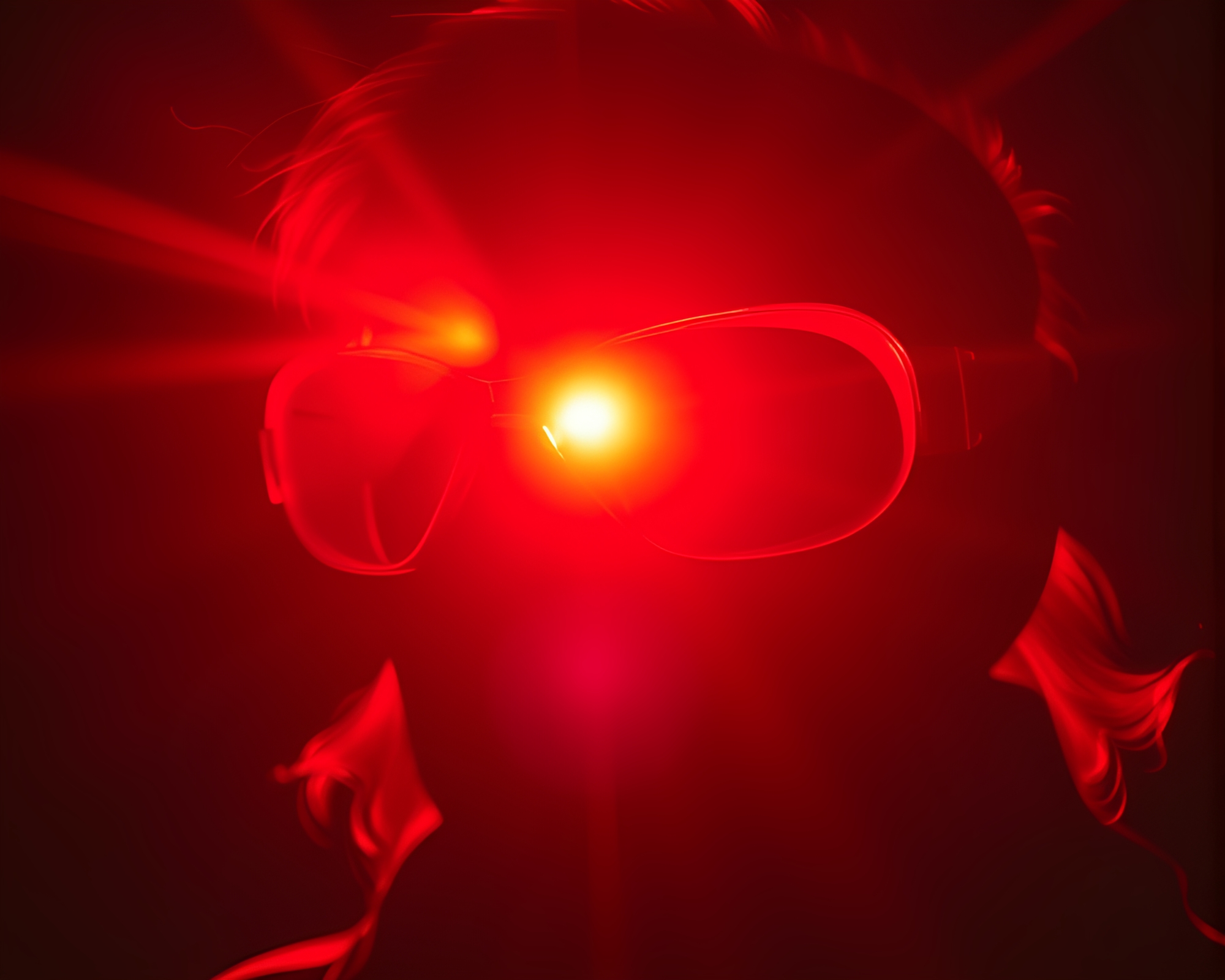 Steampunk goggles silhouette under solar flare VHS effect – free AI stock image