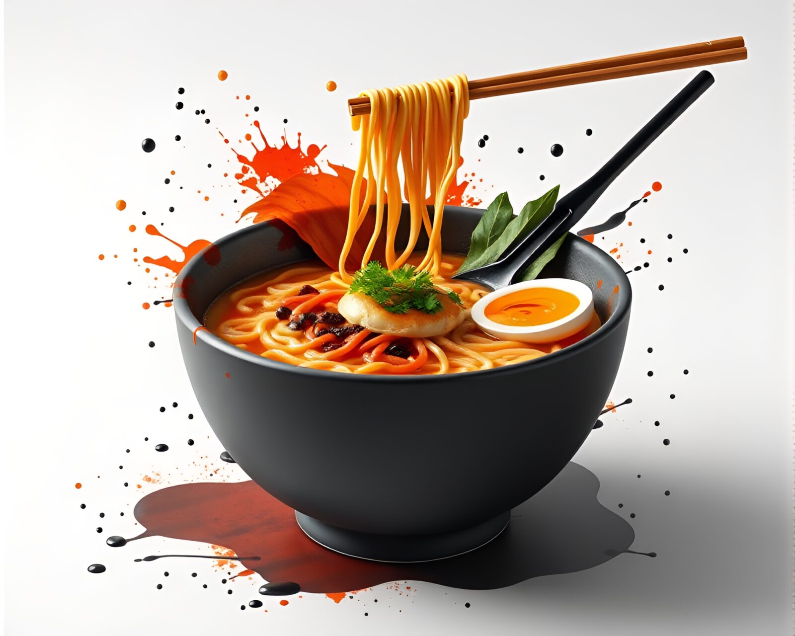 Abstract low-poly ramen bowl with ink splashes design