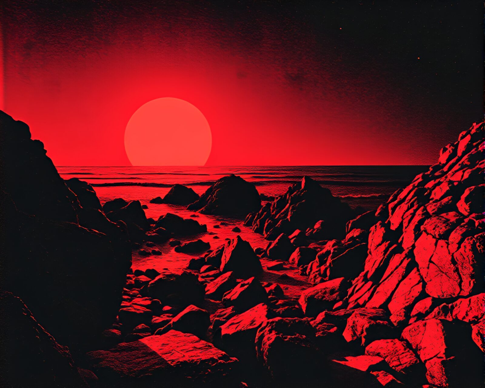 Mysterious rocky coastline bathed in warm infrared light