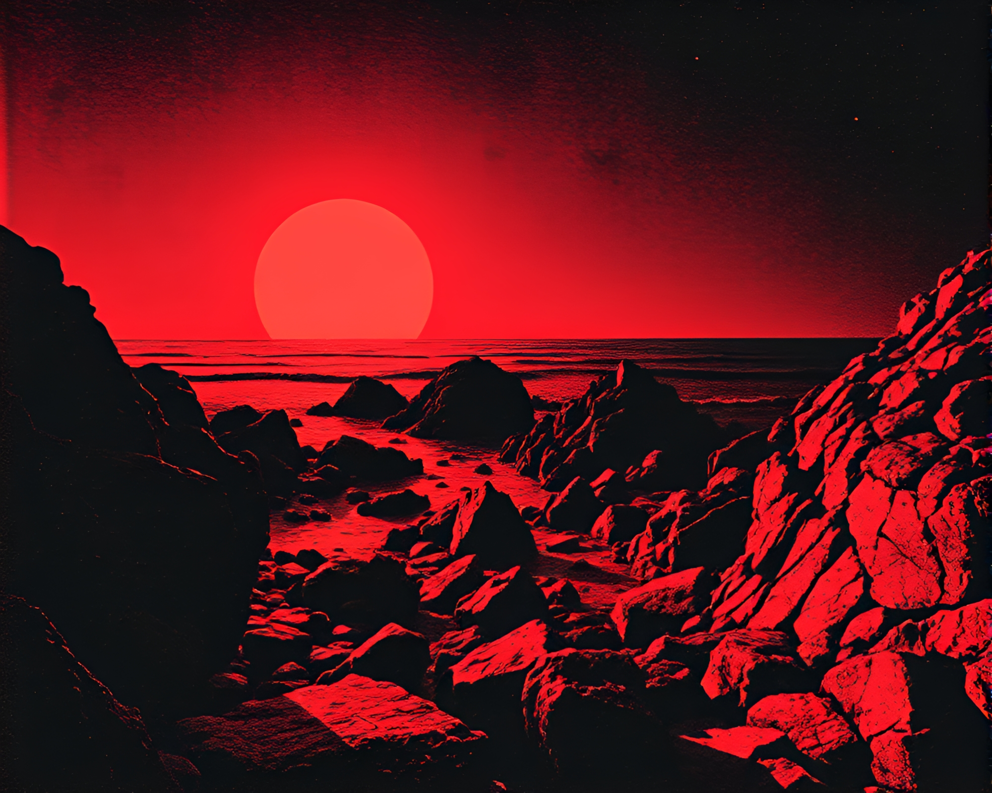 Rocky Coastline Tenebrism – Linocut Infrared Warmth – free AI stock image