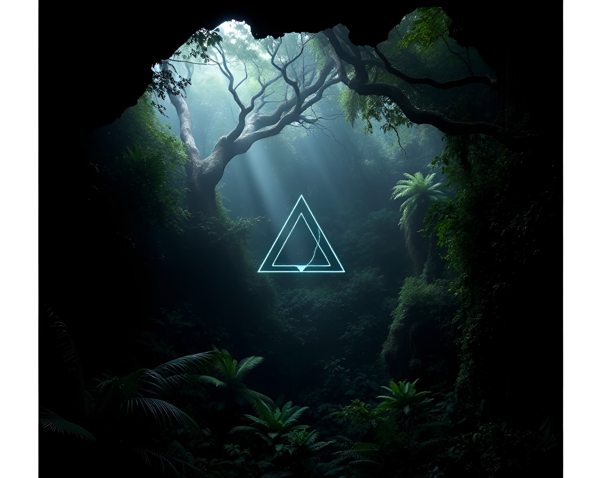 Prism Refraction in Dark Rainforest Cave Entrance – free AI stock image