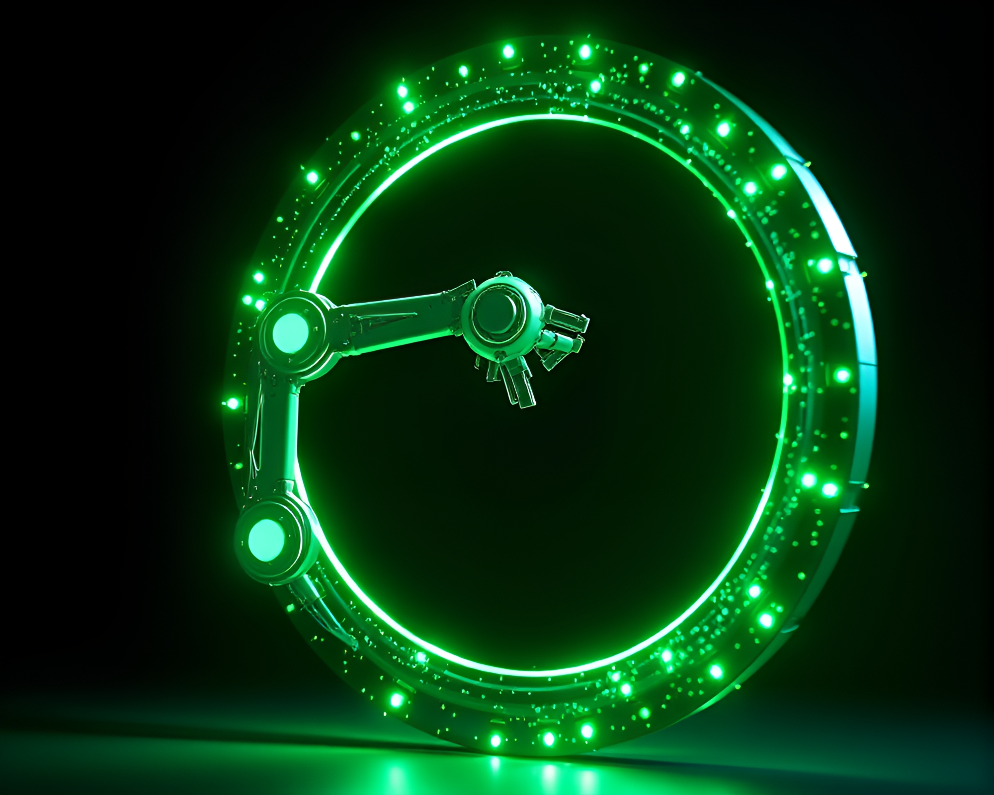 Futuristic Robotic Arm in Emerald Particle Simulation – free AI stock image