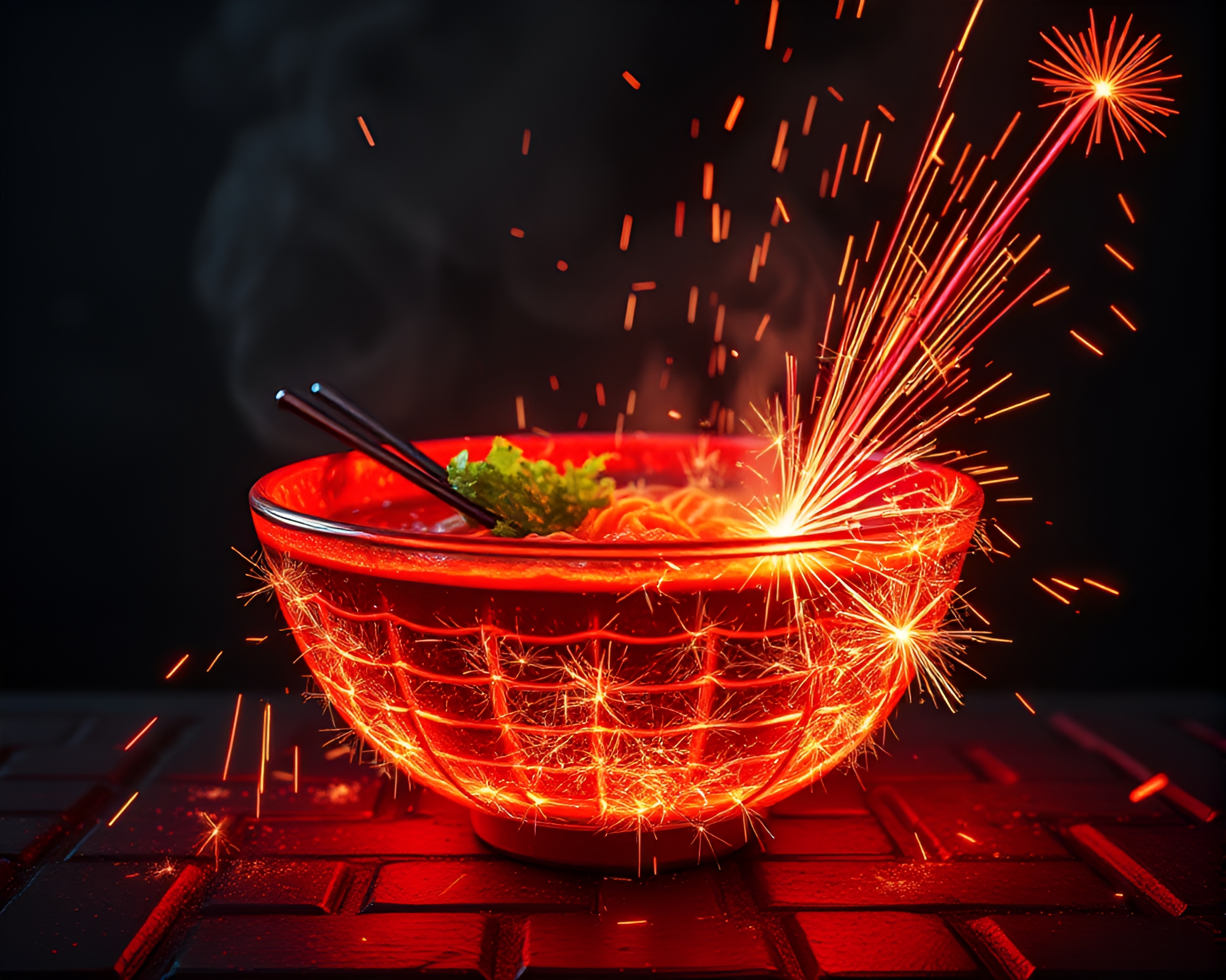 Sizzling Ramen Bowl with Sparkler Trail Illumination – free AI stock image