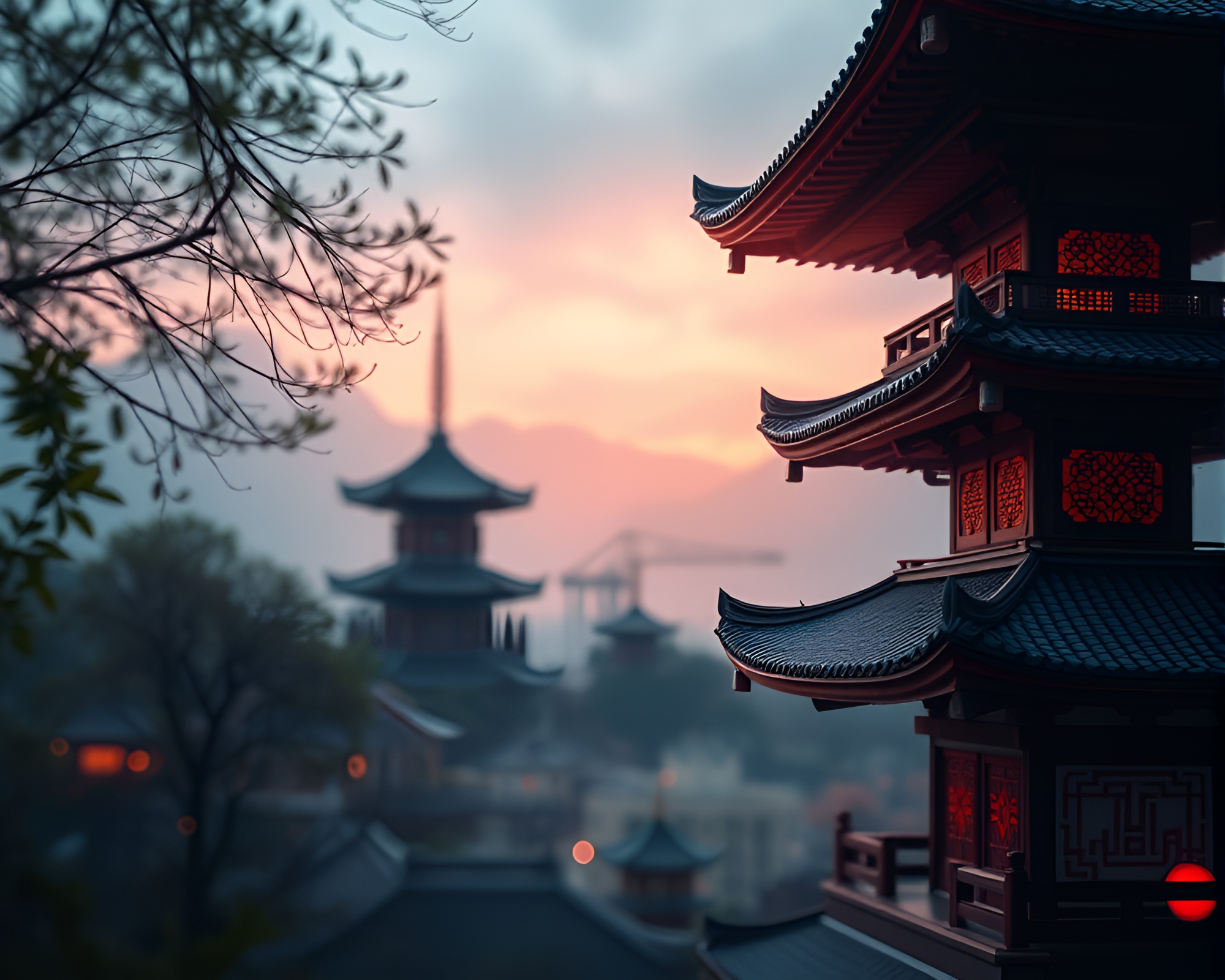 Mystical Pagoda in Soft Toon Haze – free AI stock image