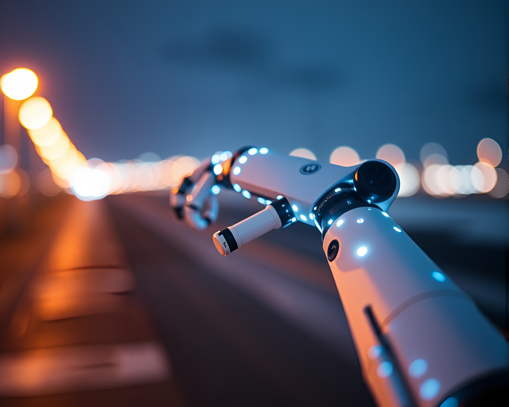 Futuristic Robotic Arm Light Trails in Antarctic Bokeh Scene – free AI stock image