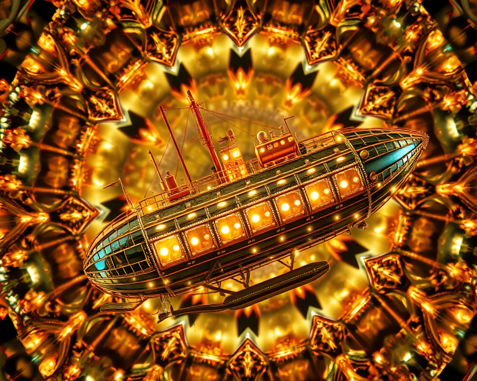An intricately designed fantastical 3D scan of a steampunk airship with gilded details