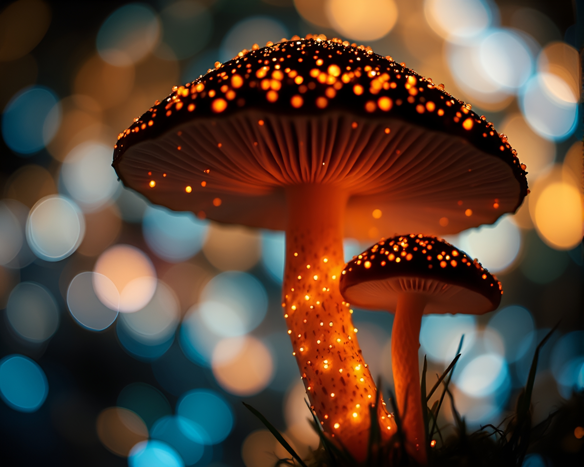 Bioluminescent Fungi Mural with Bokeh Lights – free AI stock image