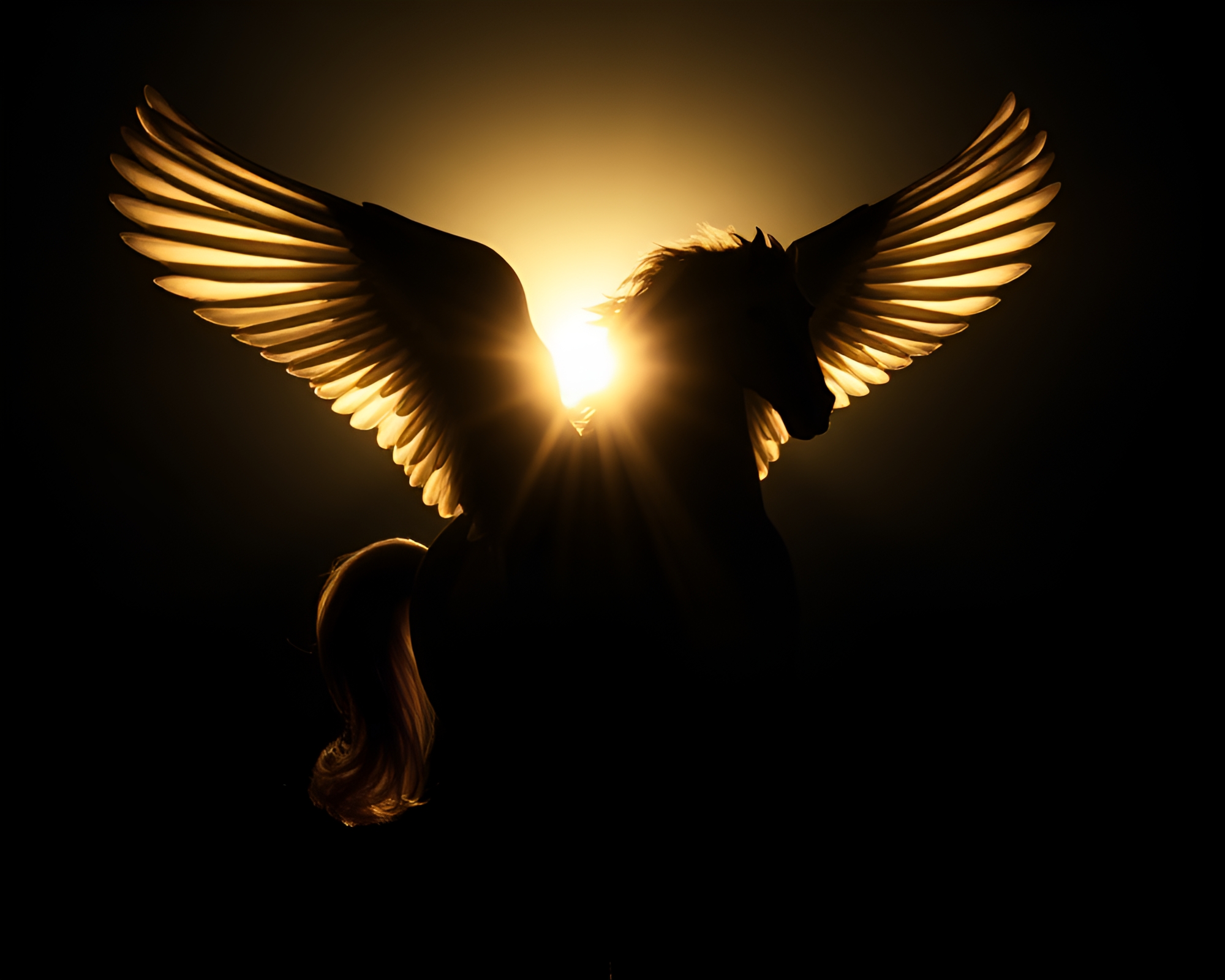 Film Noir Pegasus in Lens Sunburst Composition – free AI stock image