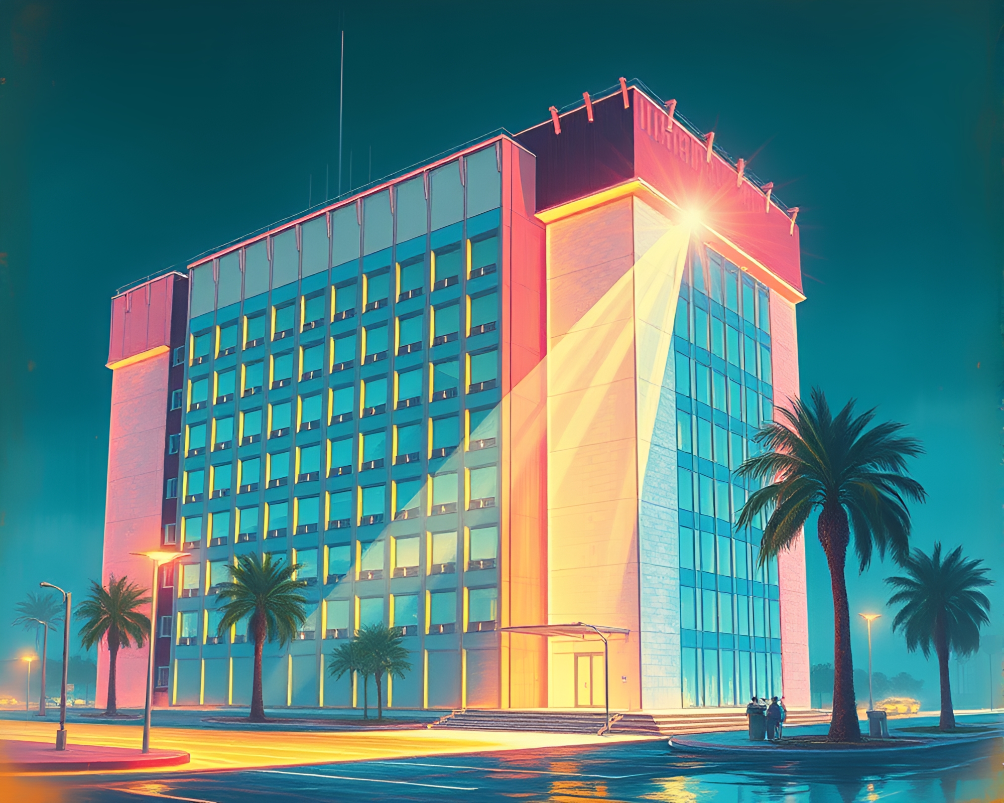 Phosphorescent Glow on Brutalist Building Lens Distortion – free AI stock image