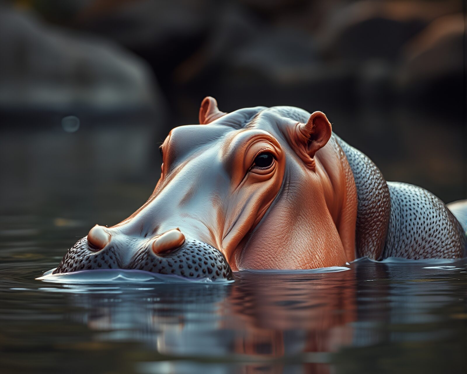 Hippopotamus immersed in dreamy off-white fluidic environment
