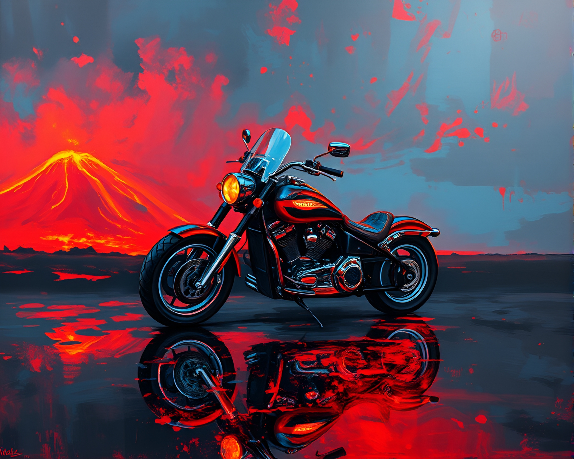 Neon Motorcycle Reflection in Volcano-Red Glow – free AI stock image