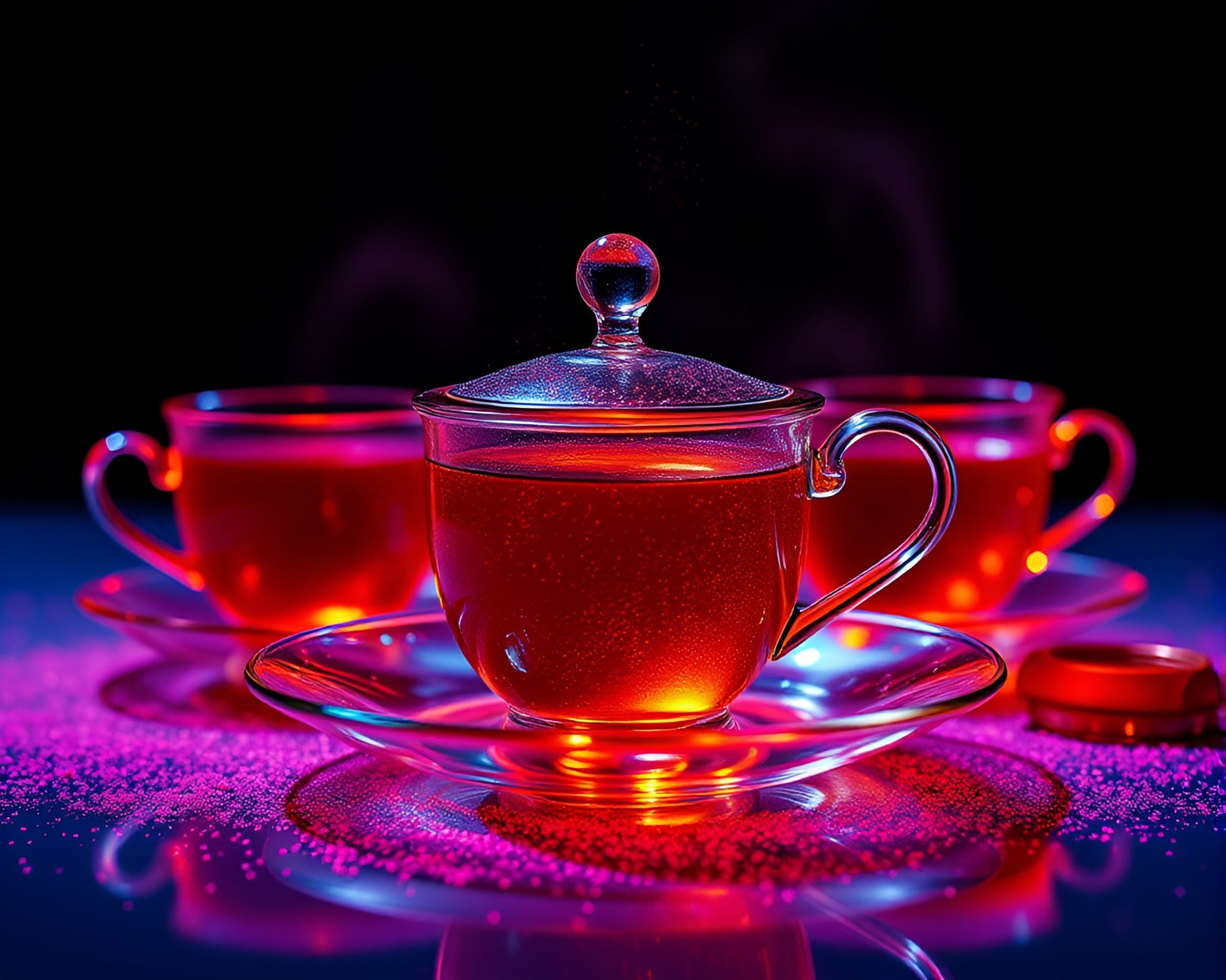 Dust Overlay Tea Set Glowing in Tri-tone Light – free AI stock image