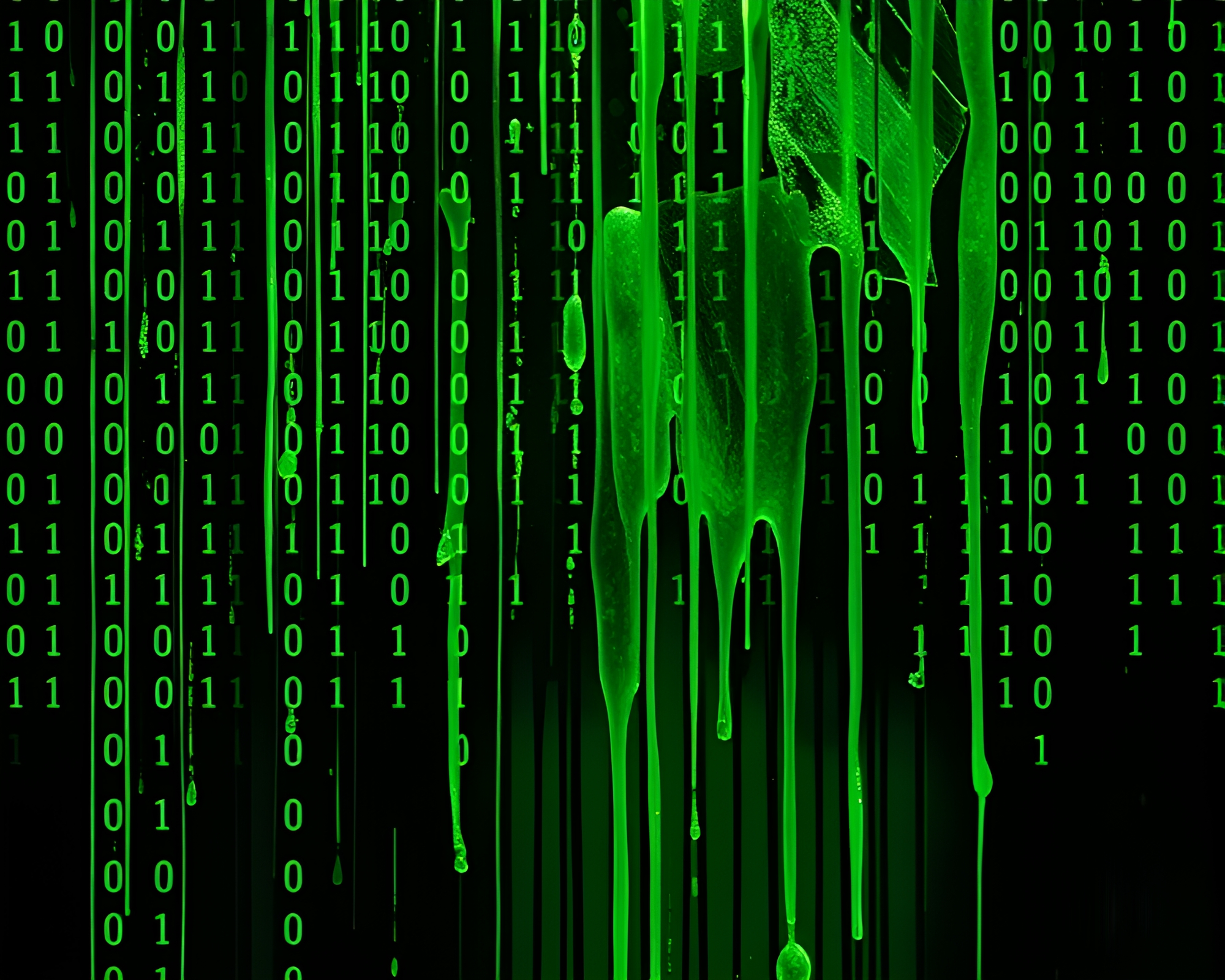 Prismatic Binary Code: Monochrome Green Drips – free AI stock image