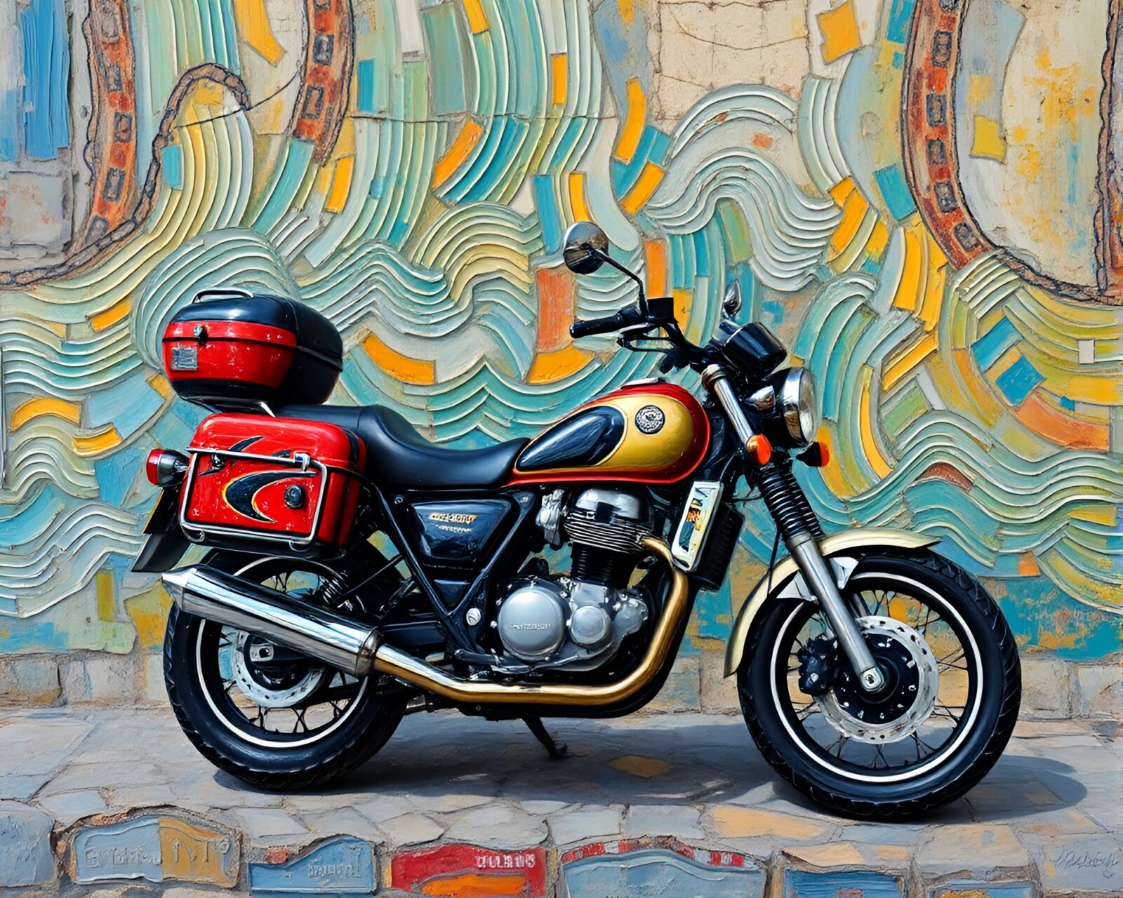 Colorful oil impasto ridges adorn a motorcycle-themed mural.