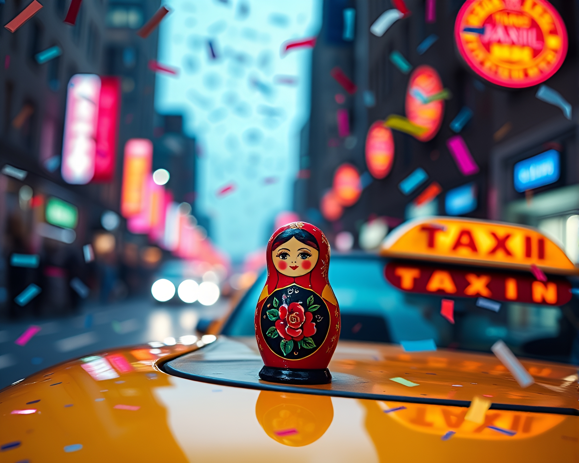 Neon Matryoshka Taxi In Color Burst – free AI stock image