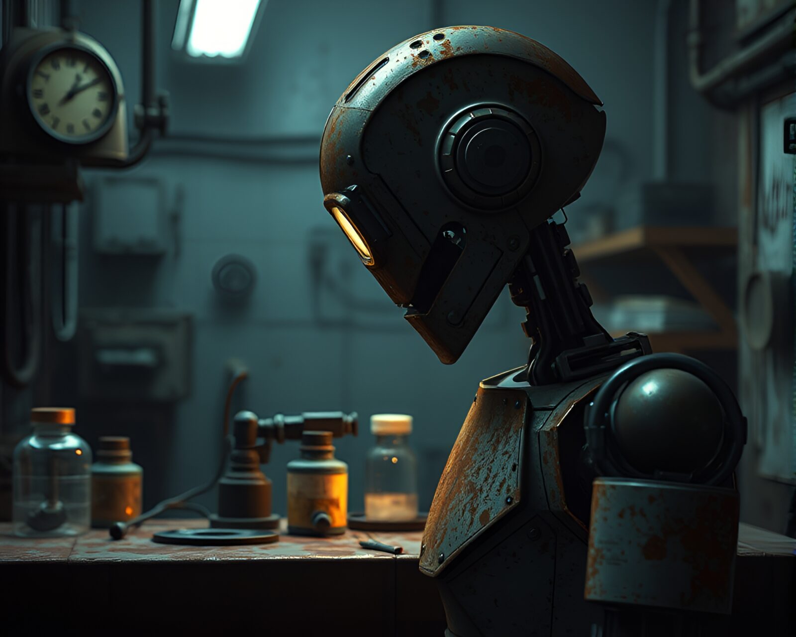 A robotic laboratory scene with rust patina and pixelated lighting