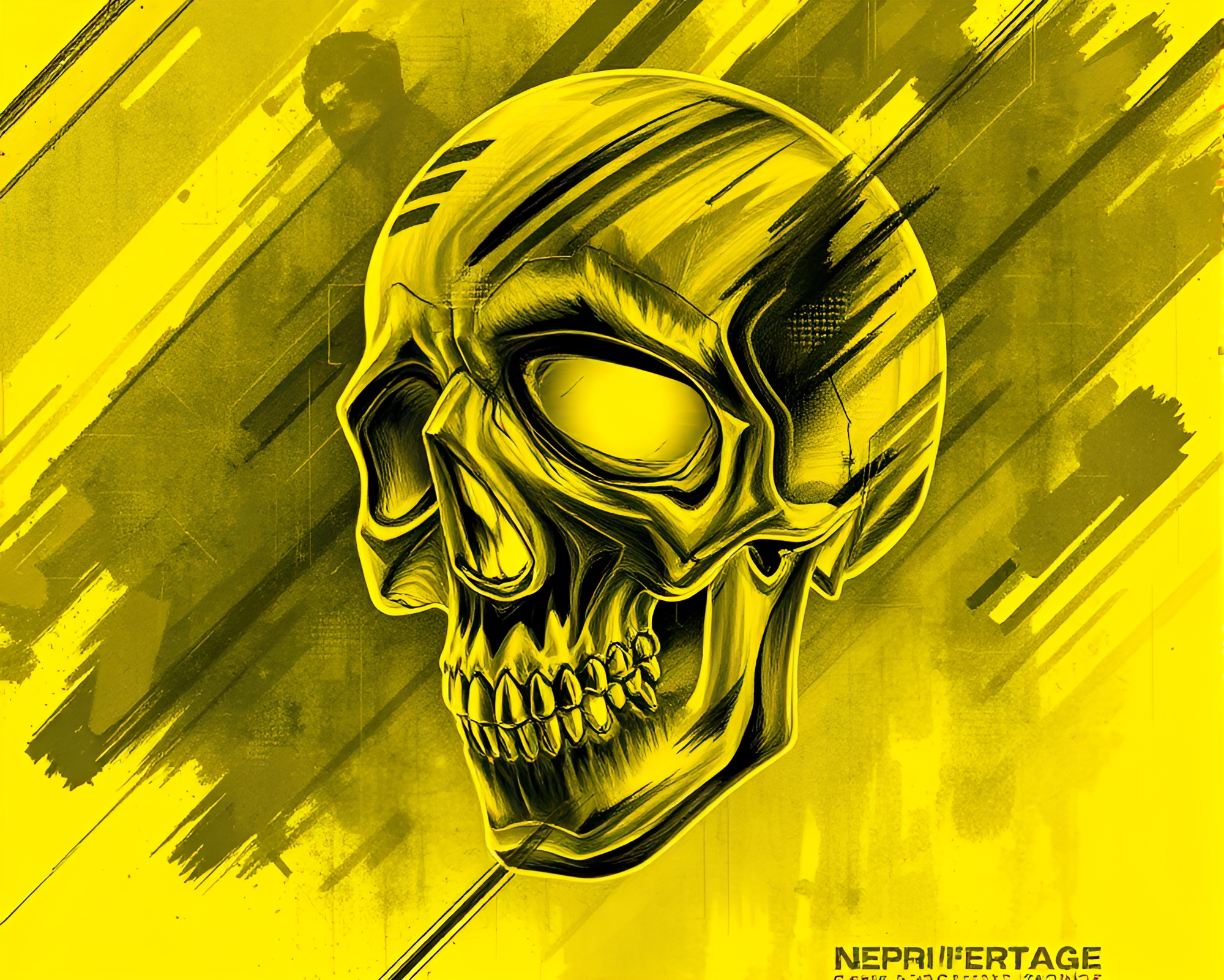 Charcoal Cybernetic Skull in Monochrome Yellow Glow – free AI stock image