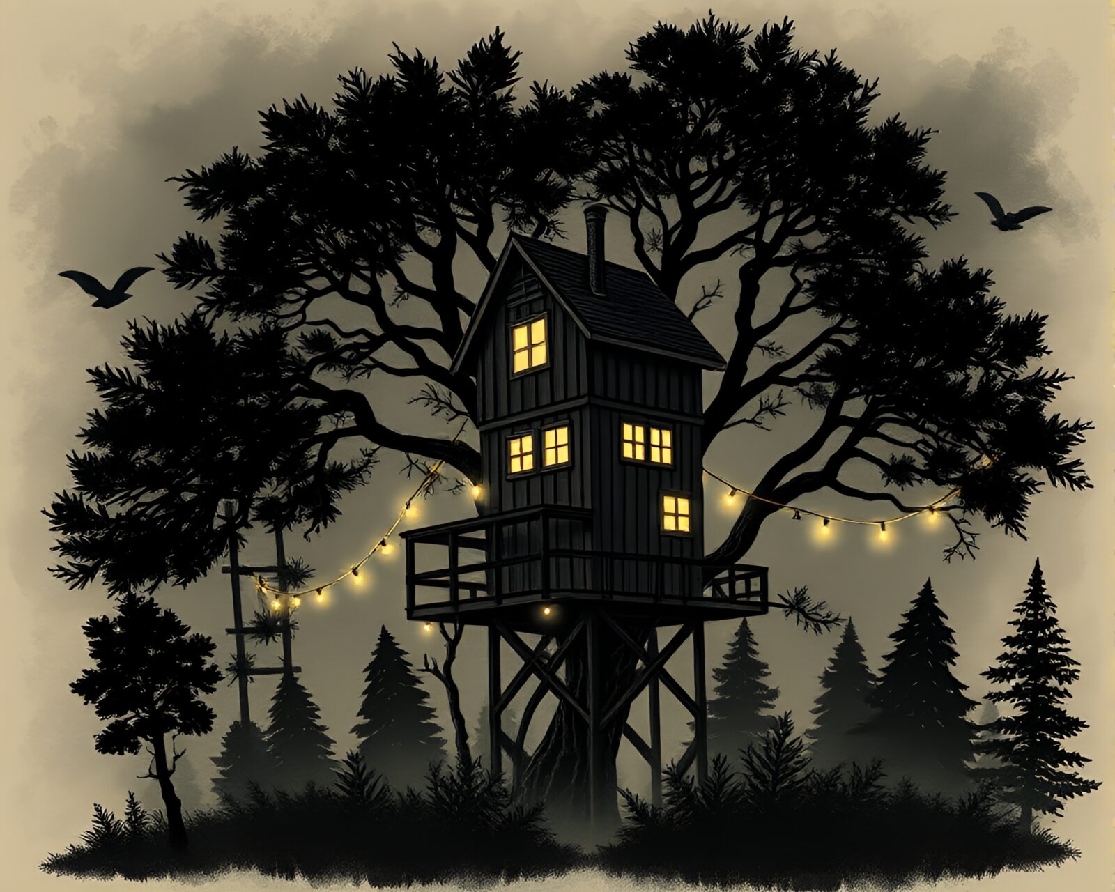 Magical treehouse with light trails in a tattoo art style