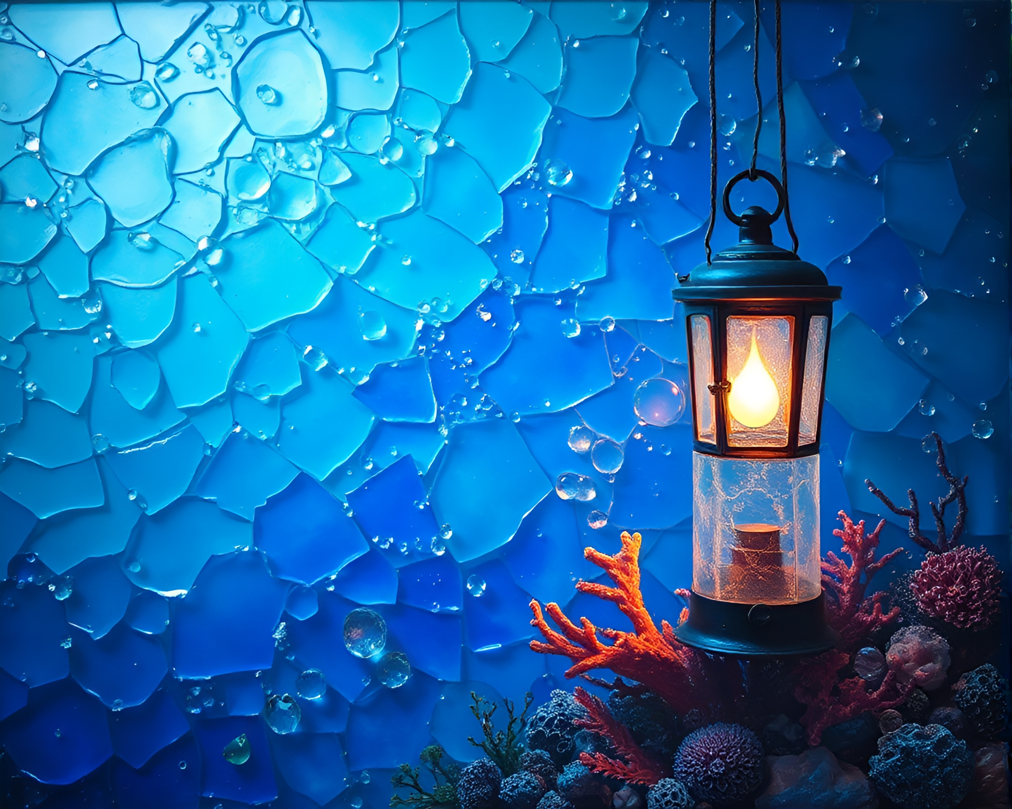 Coral Atoll Illuminated by Lantern Light Through Glass Shards – free AI stock image