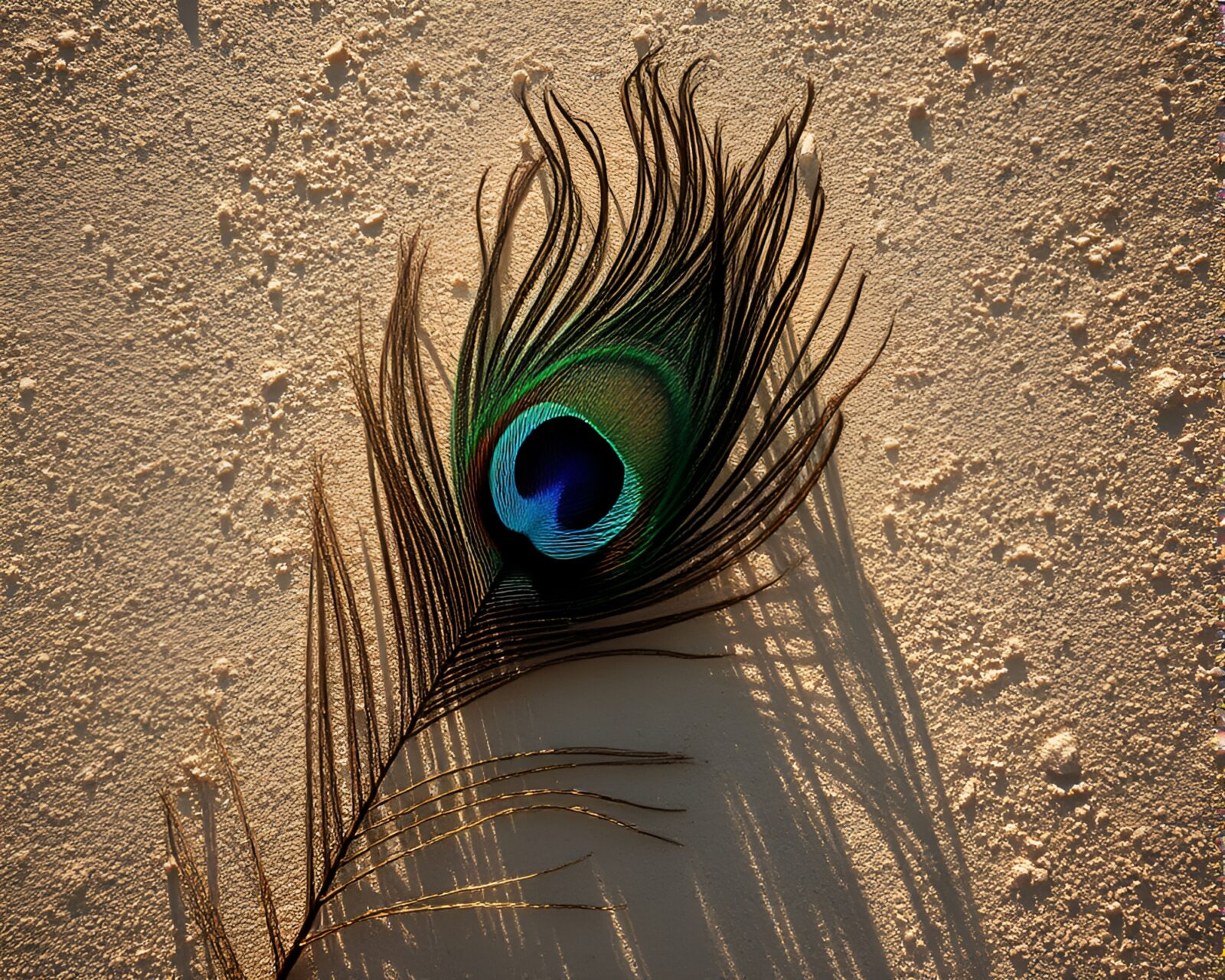 Hyper-realistic peacock feather on cliffside with dust overlay