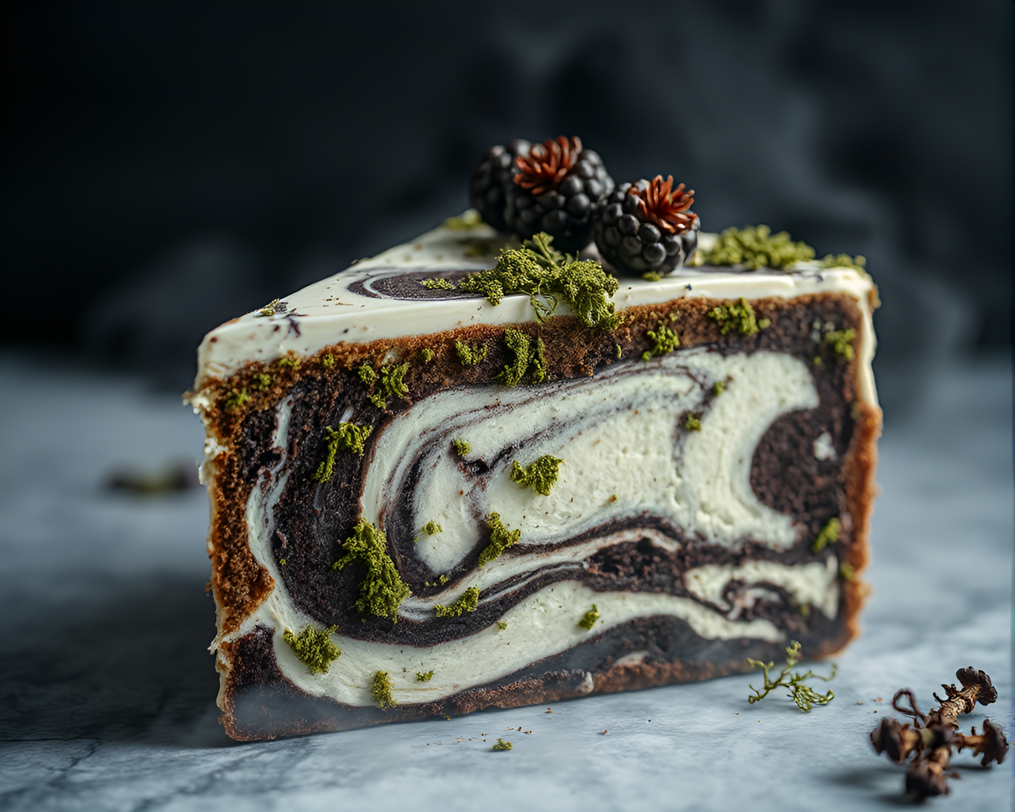 Lichen Marbled Cake in Smoky Film Noir Ambiance – free AI stock image