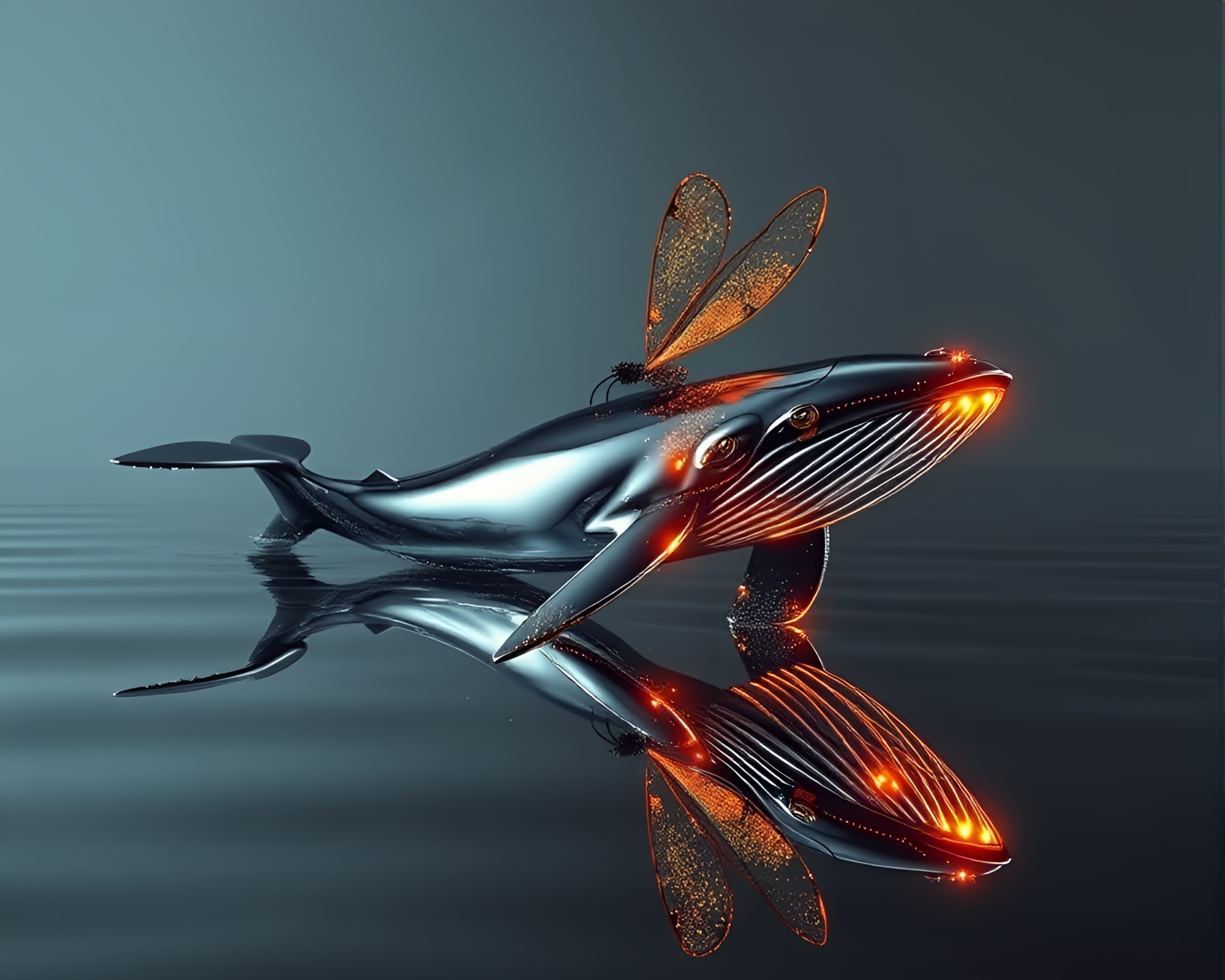 Whale swimming in chrome reflection under firefly lights – free AI stock image