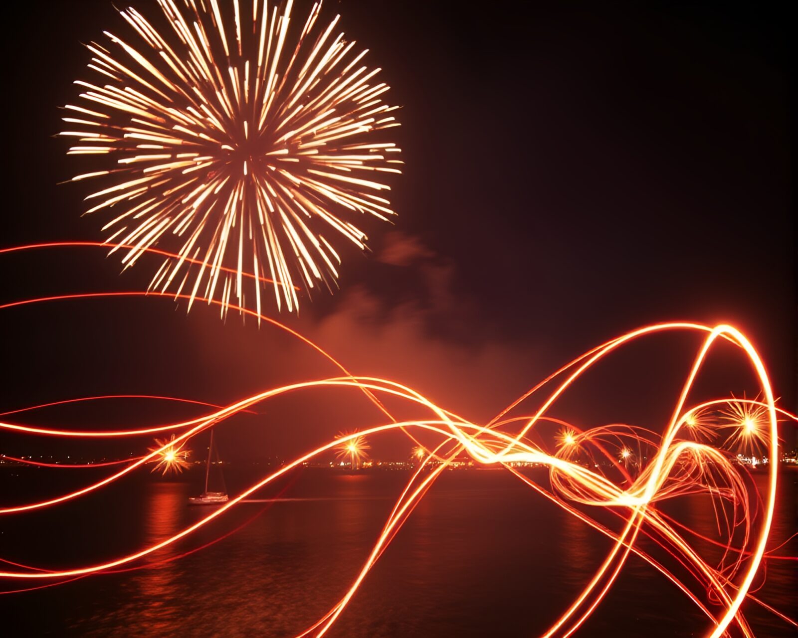 Enchanting siren illuminated by festival fireworks' colorful light trails