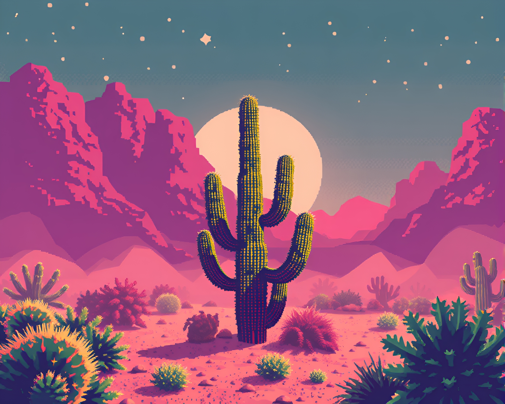 16-bit Cactus Desert in Smoky Haze – free AI stock image