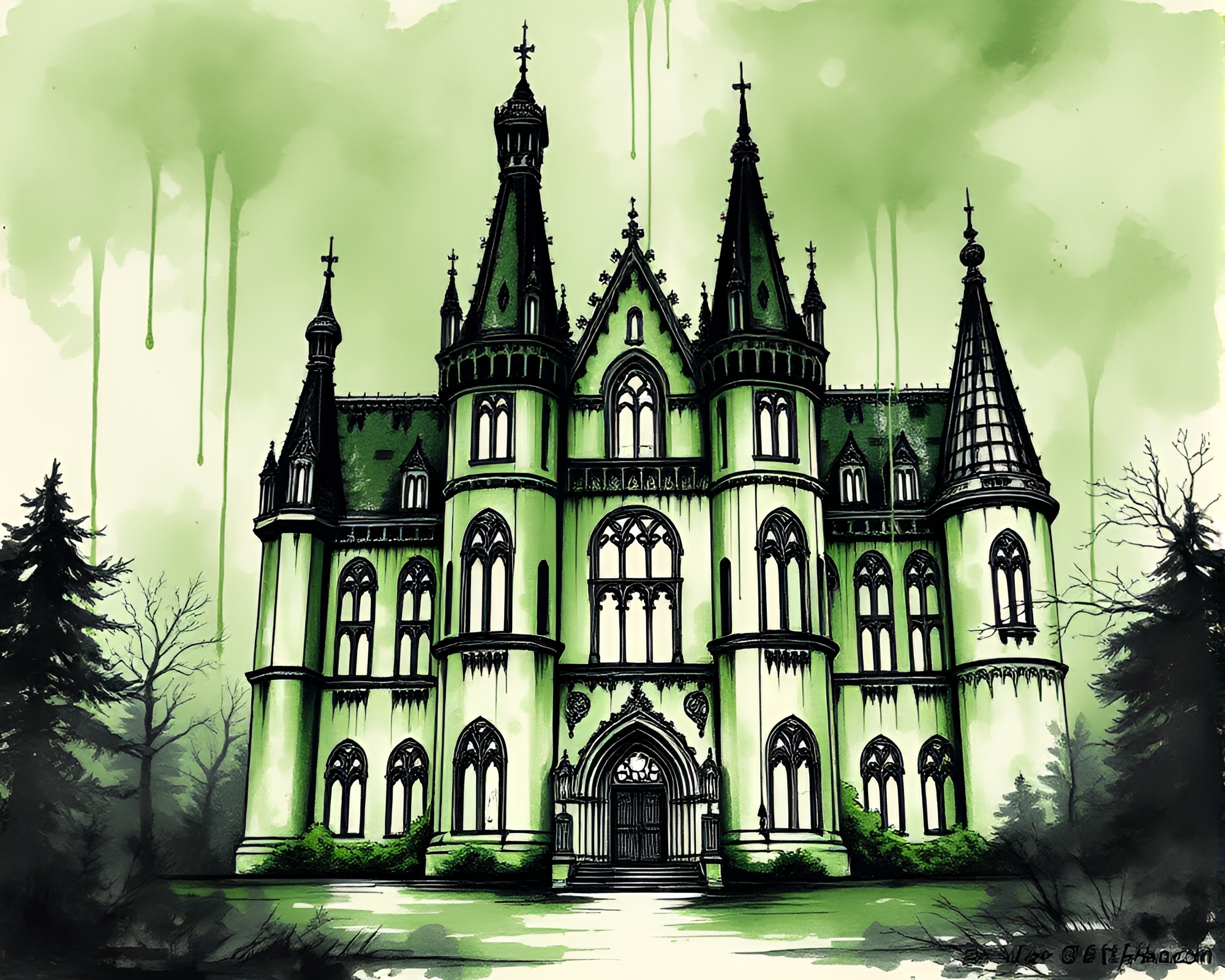 Neo-Gothic Mansion Ink Wash Drips – free AI stock image