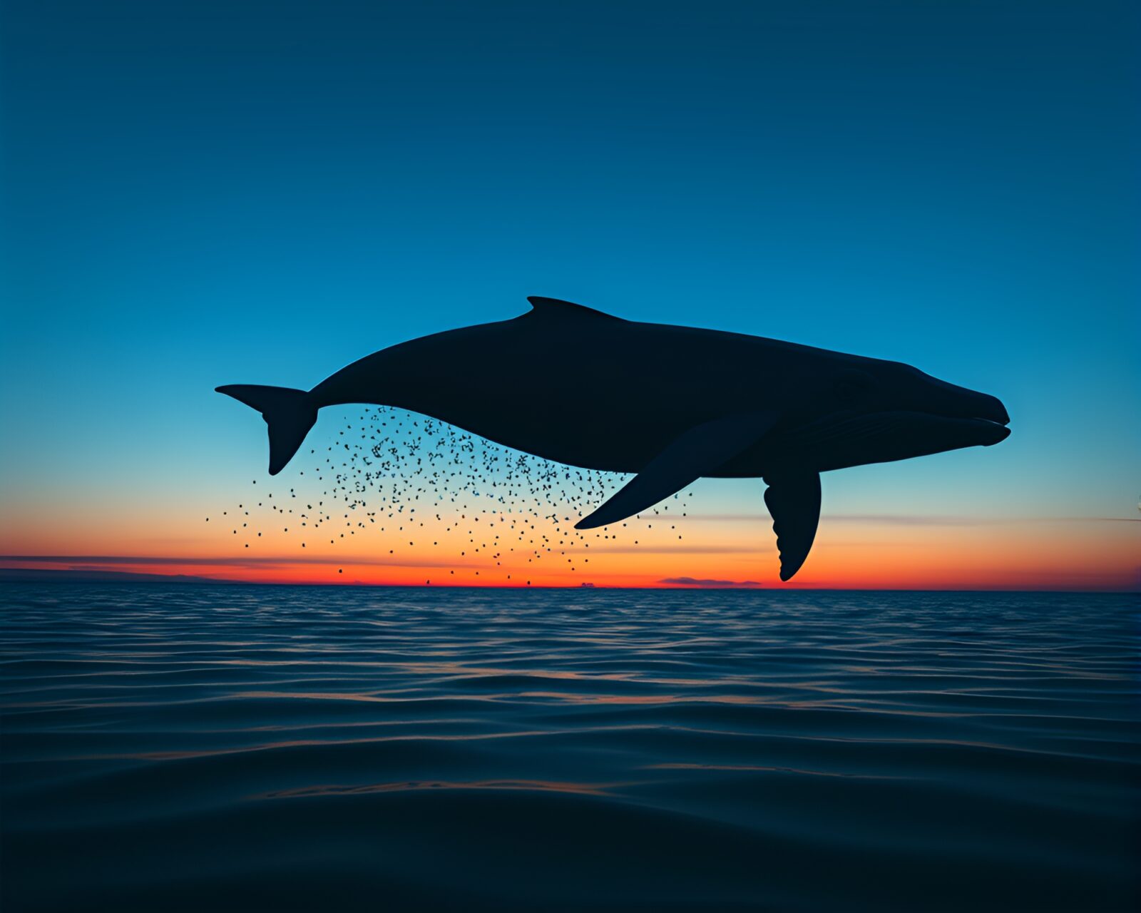 Majestic blue whale surrounded by ethereal particles in twilight