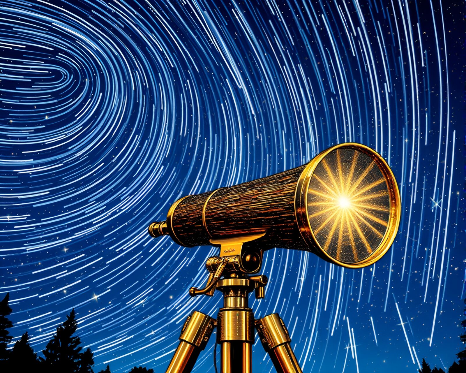A surreal mural of a brass telescope under pixelated star trails