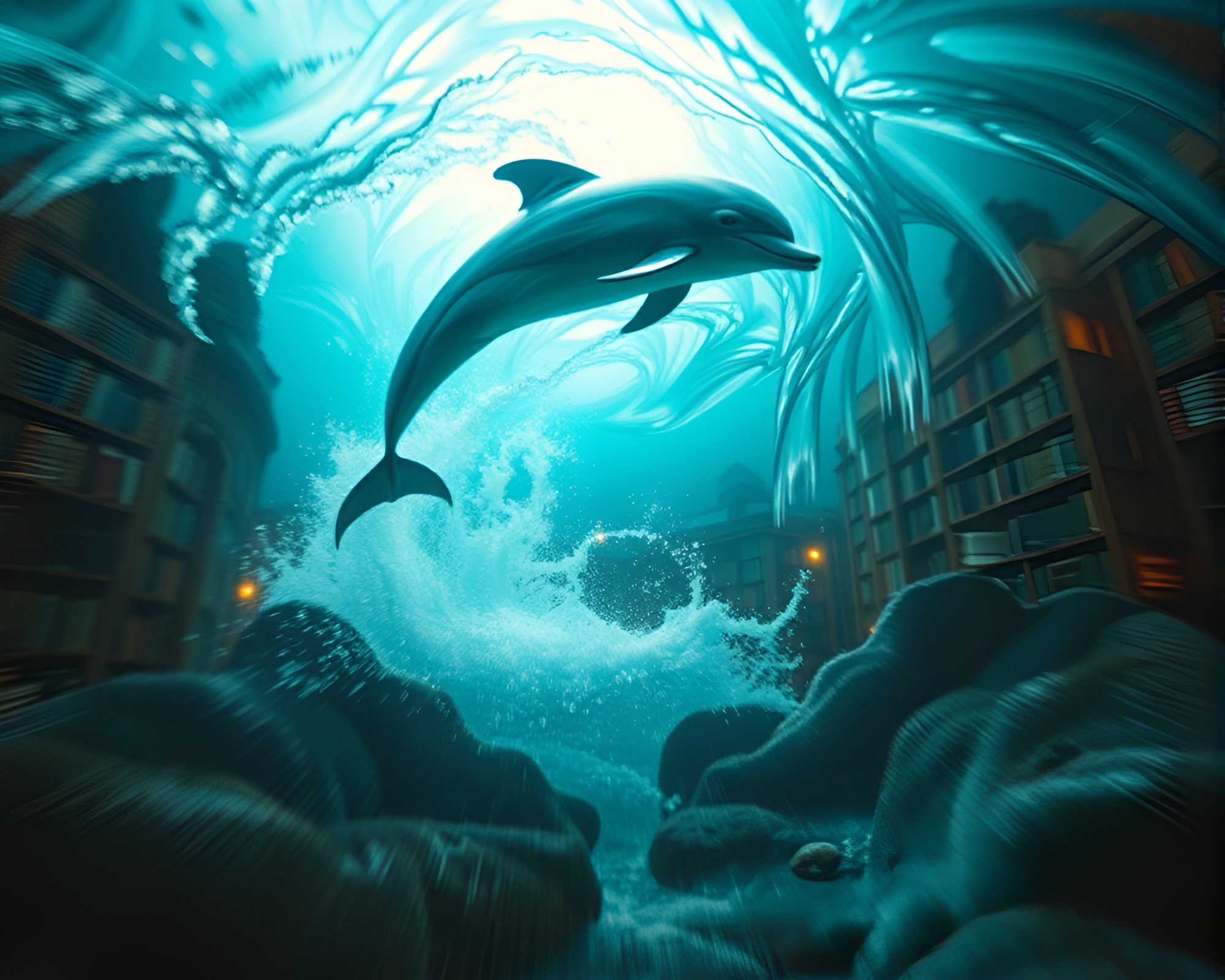 Distorted Amazon River Dolphin in Library Lamp Light – free AI stock image