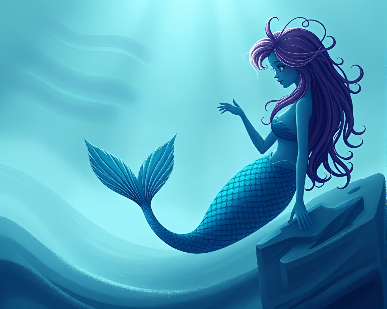 A whimsical mermaid in a foggy toon shaded underwater world