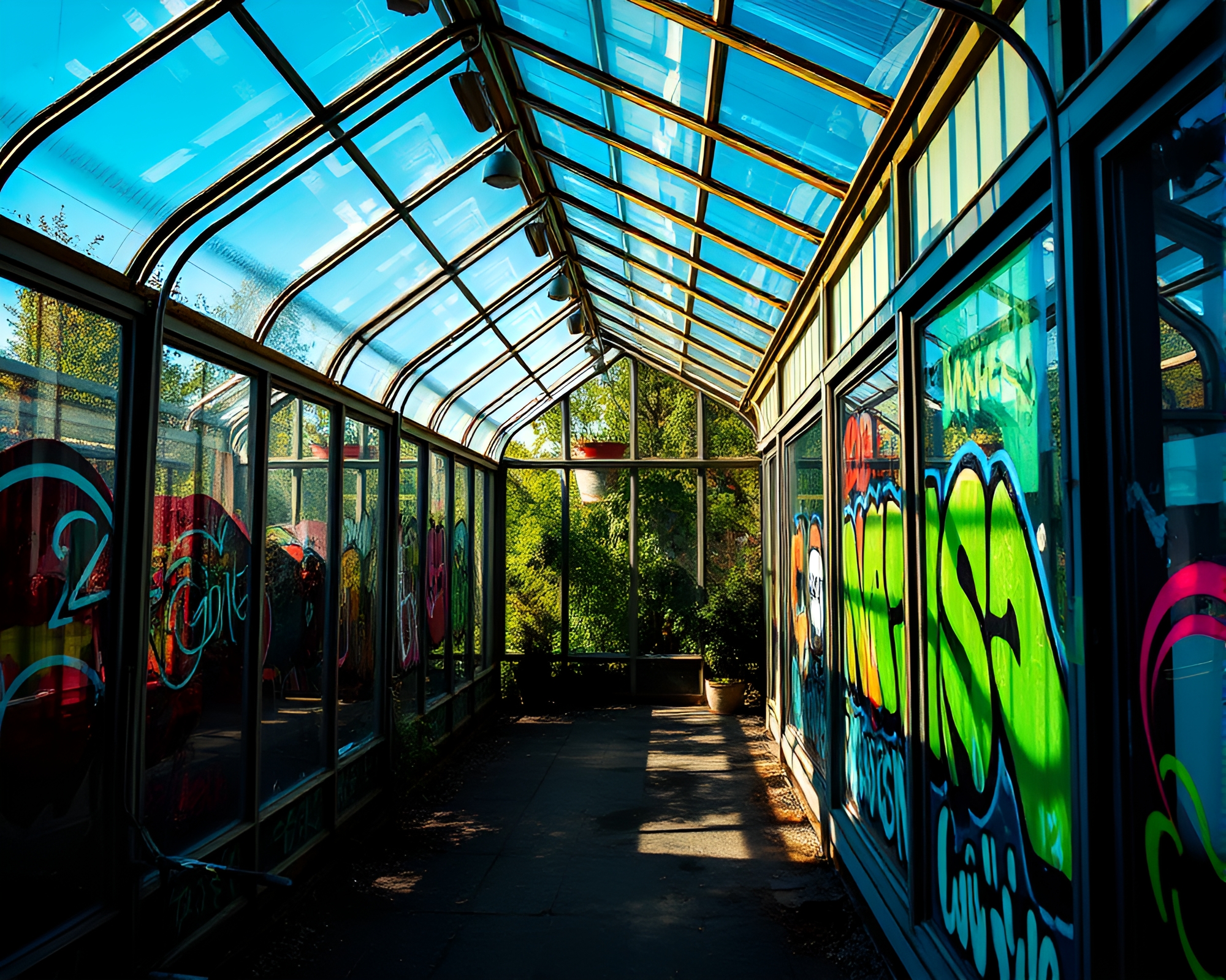 Graffiti Glass Greenhouse: Chromatic Aberration Contrast – free AI stock image