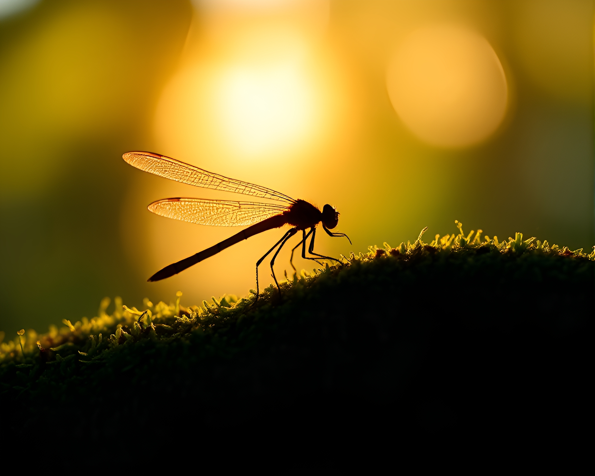 Dragonfly Silhouette Among Moss Growth – free AI stock image