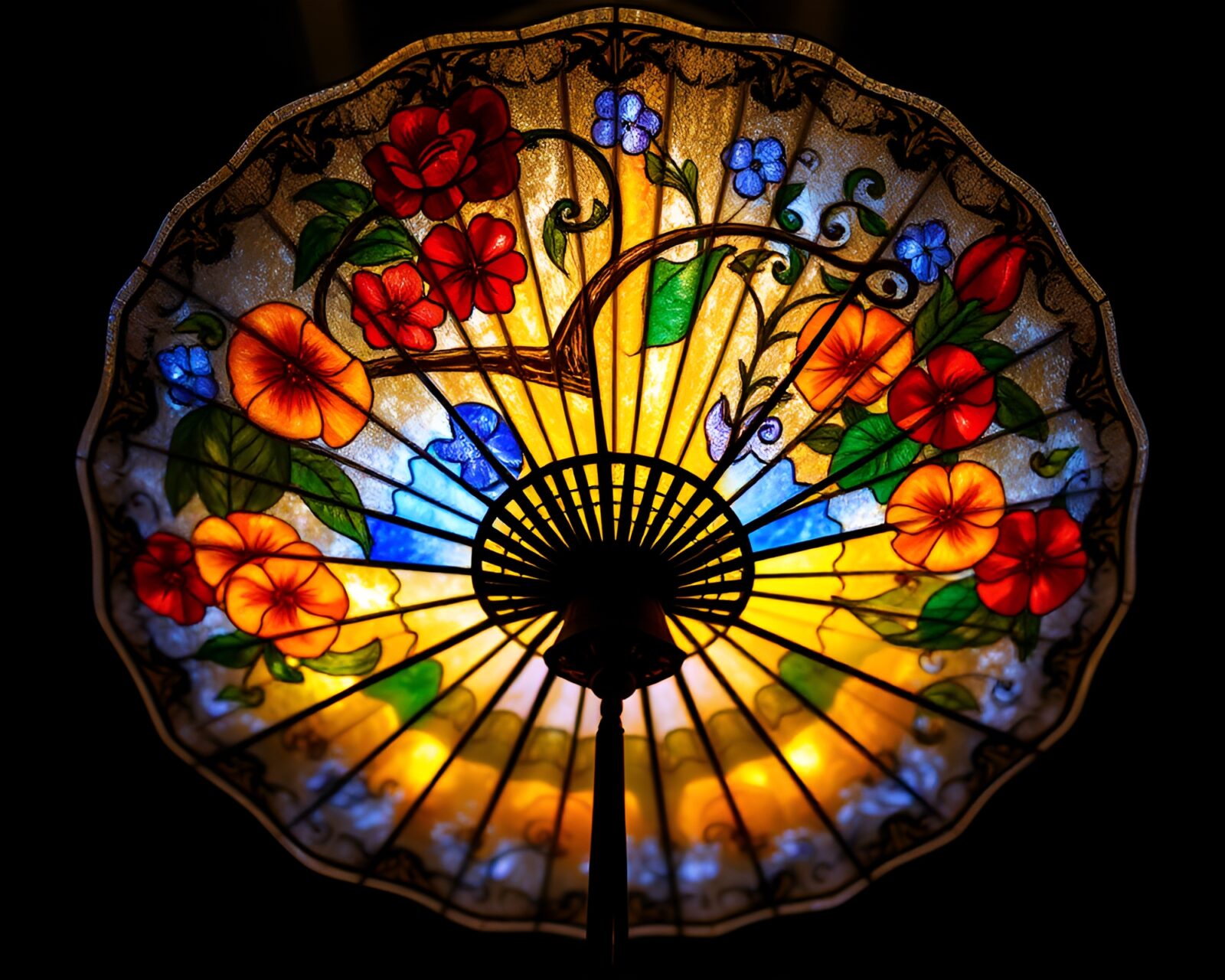Colorful stained glass-like scene with fiber optic lights and fan