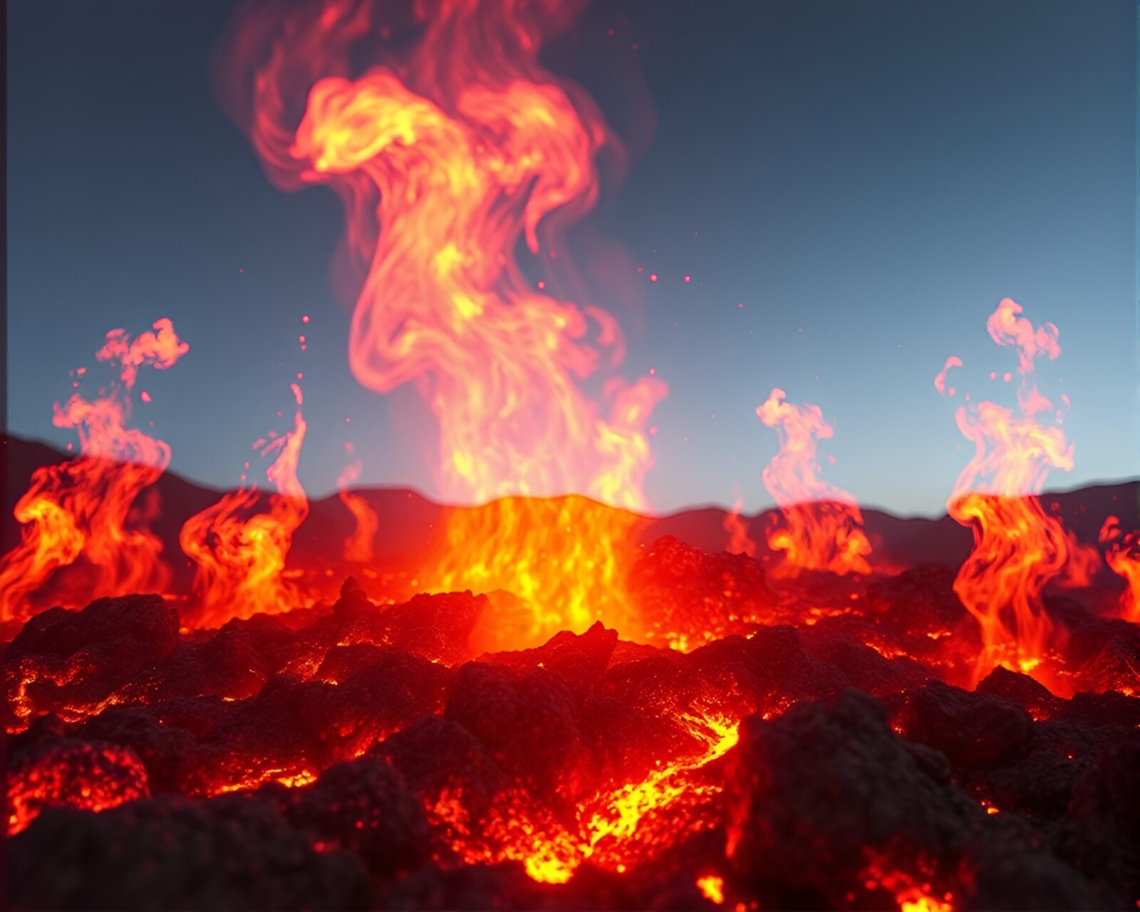 Volcano-red glow surrounds floating embers in optical illusion