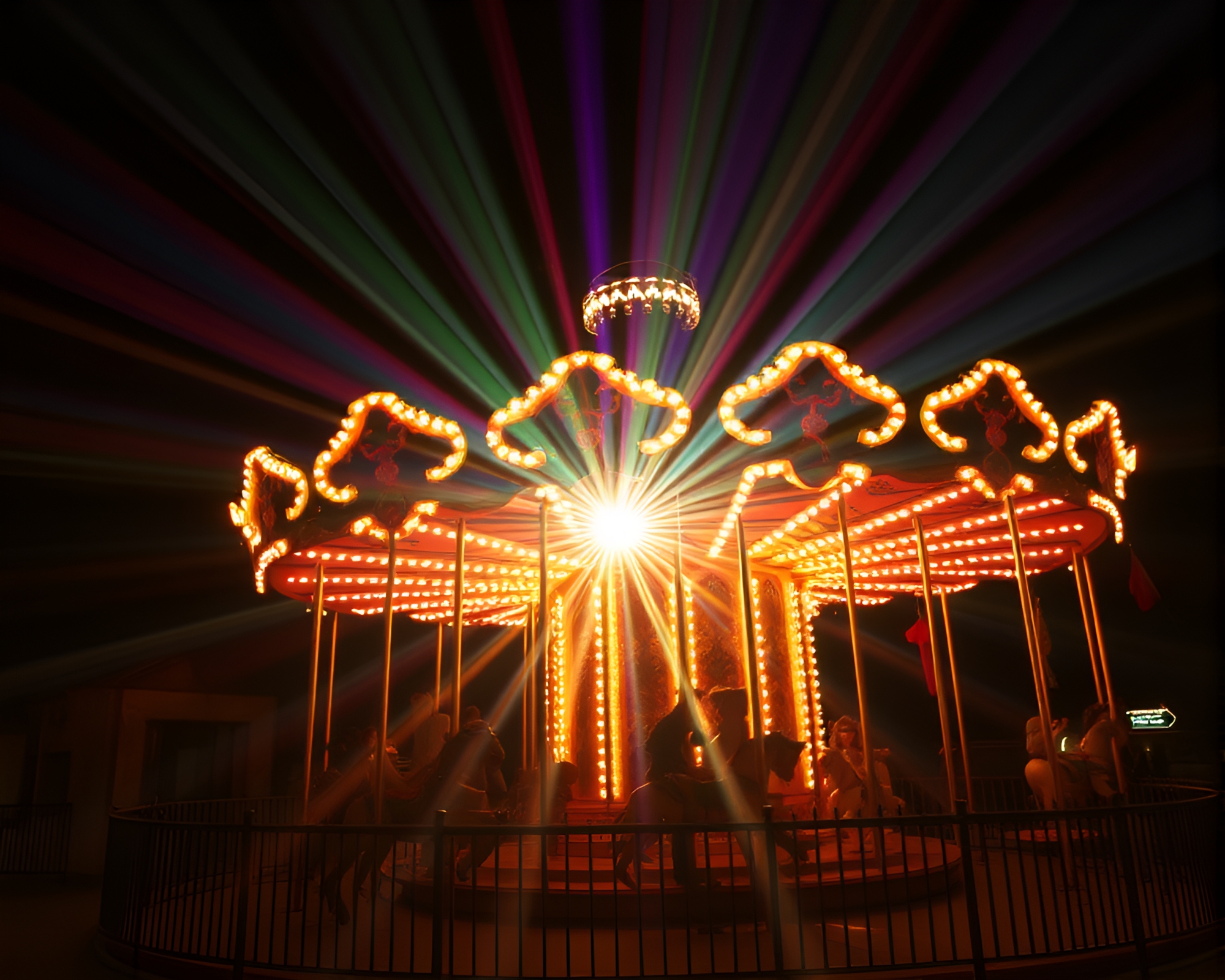 Colorful Carnival Carousel with God Rays and Light Painting – free AI stock image