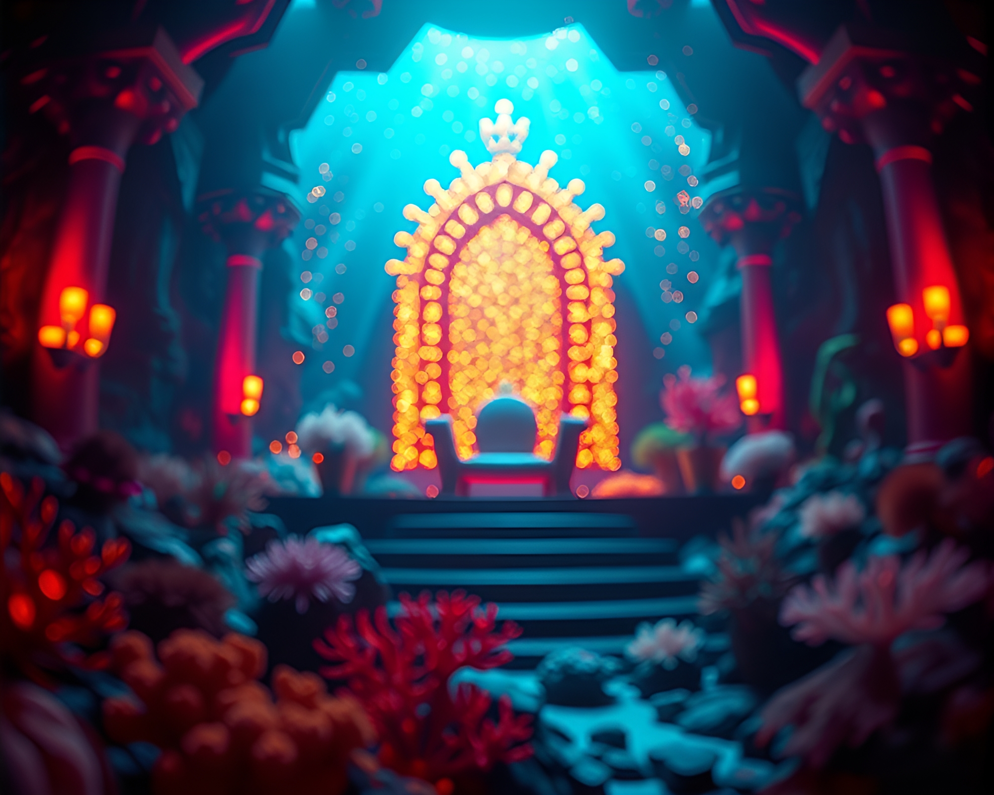 Glowing Coral Reef Throne Room Bokeh Print – free AI stock image