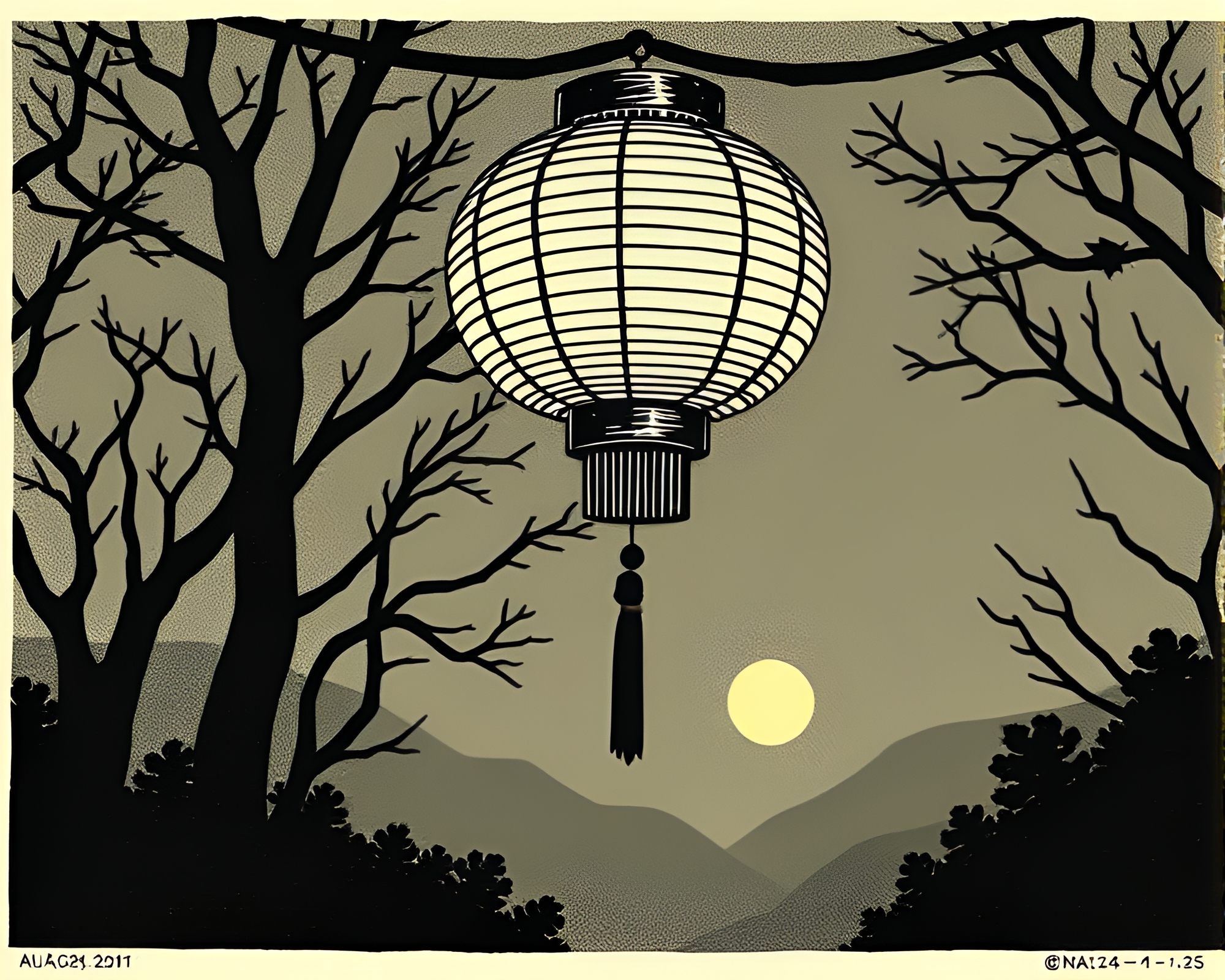 Phosphorescent Paper Lantern in Woodcut Print – free AI stock image