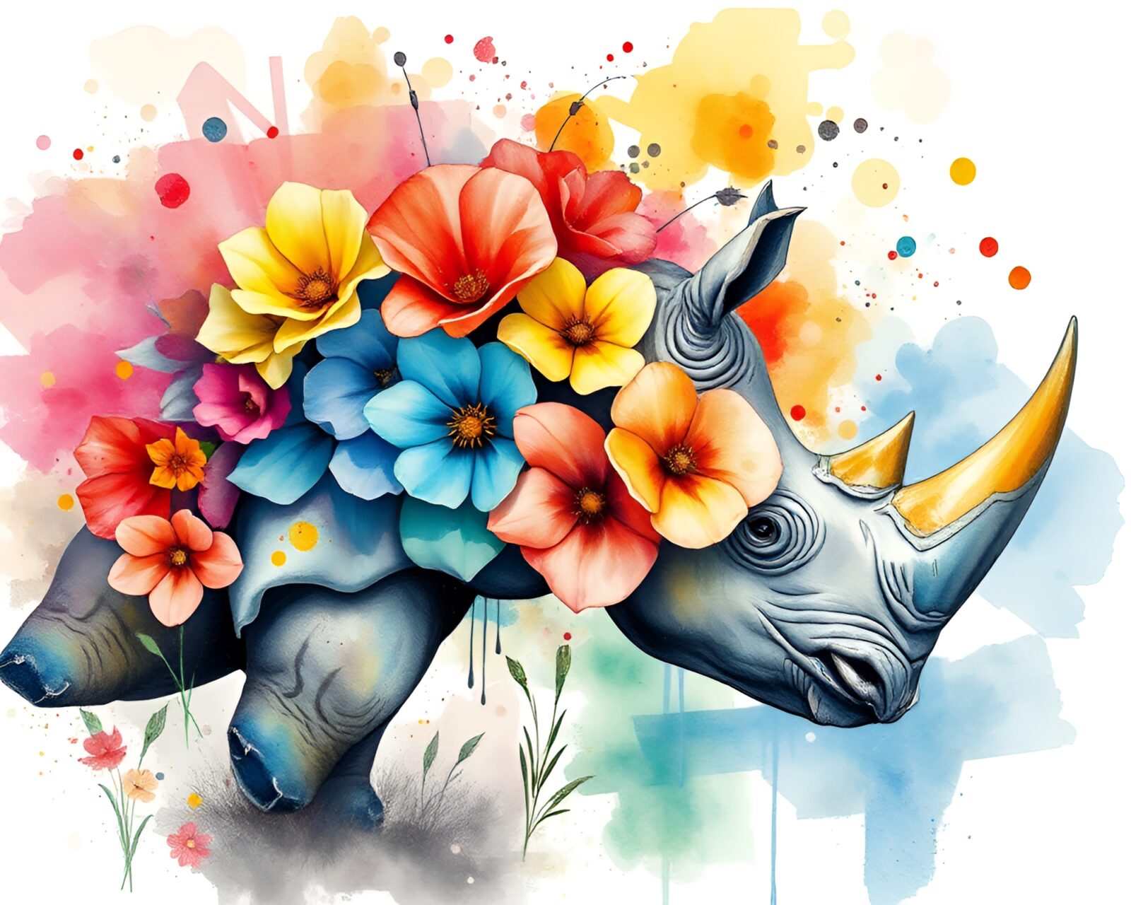Colorful graffiti art featuring a rhinoceros surrounded by watercolor blooms