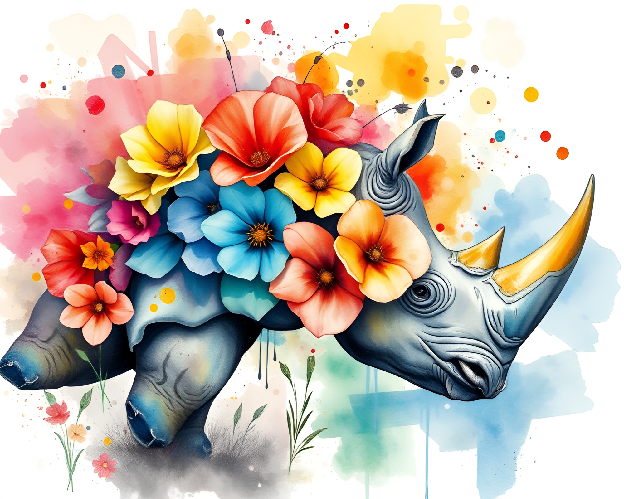 Spray-Painted Rhinoceros with Watercolor Blooms – free AI stock image
