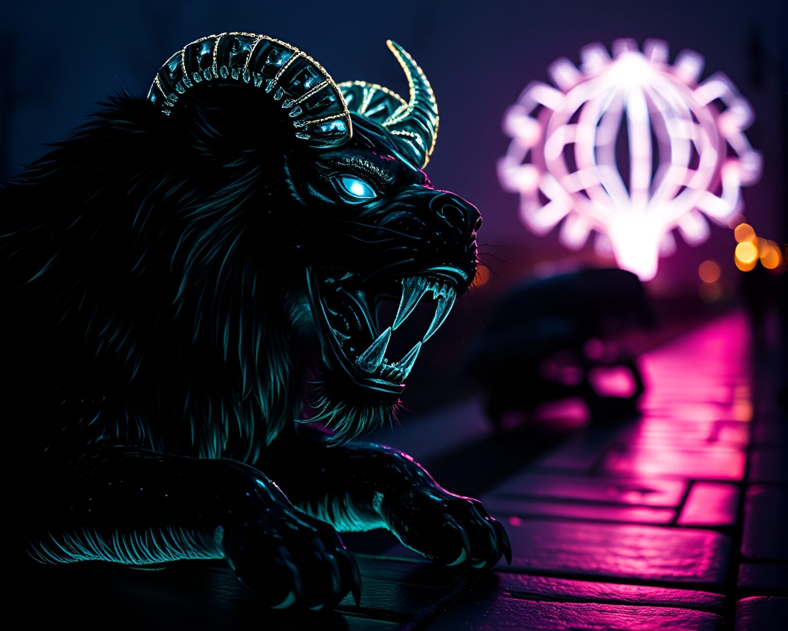 A fantastical image of Cerberus in a glowing calligraphy style