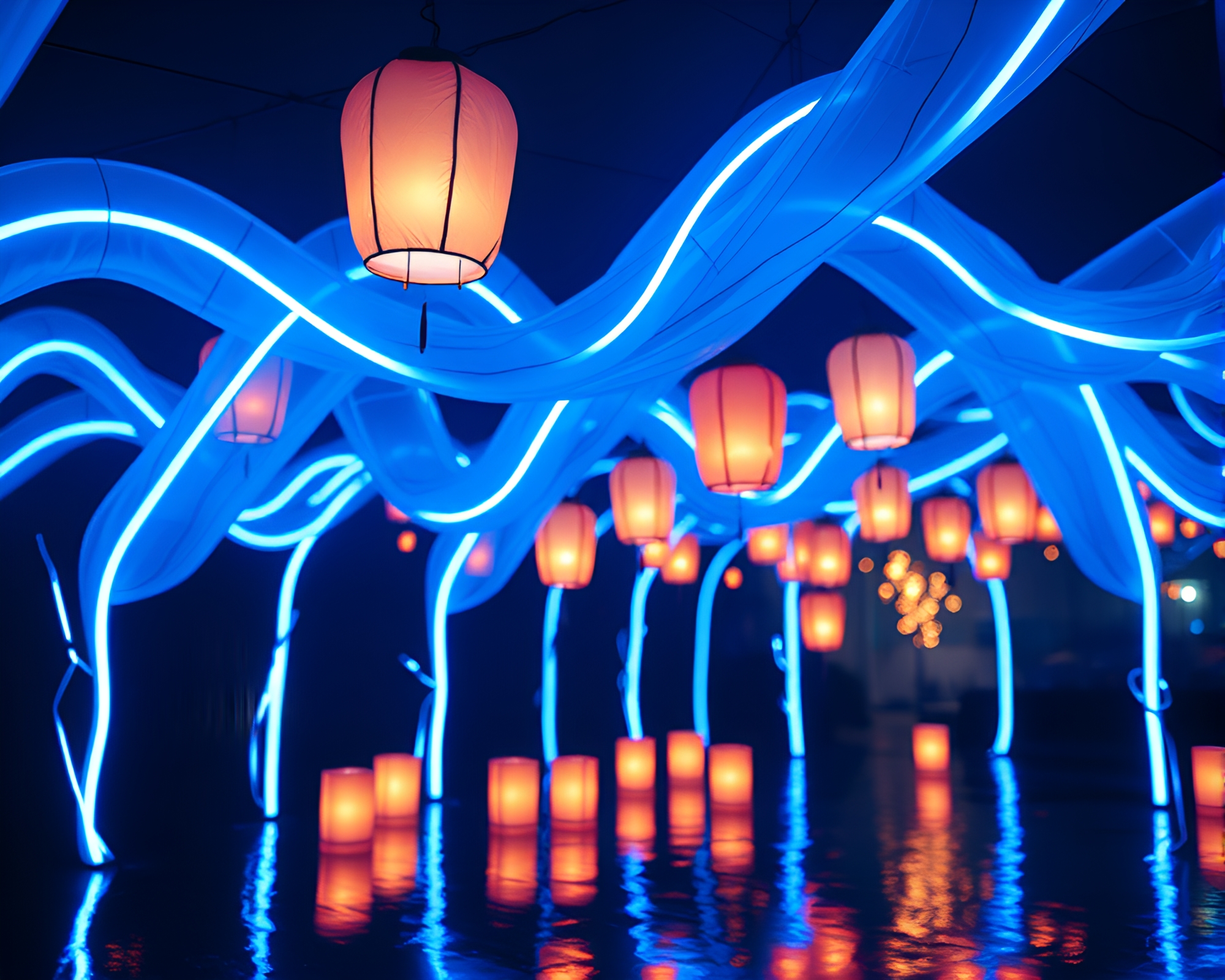 Glowing Neon Lanterns in Arctic Screen Print – free AI stock image