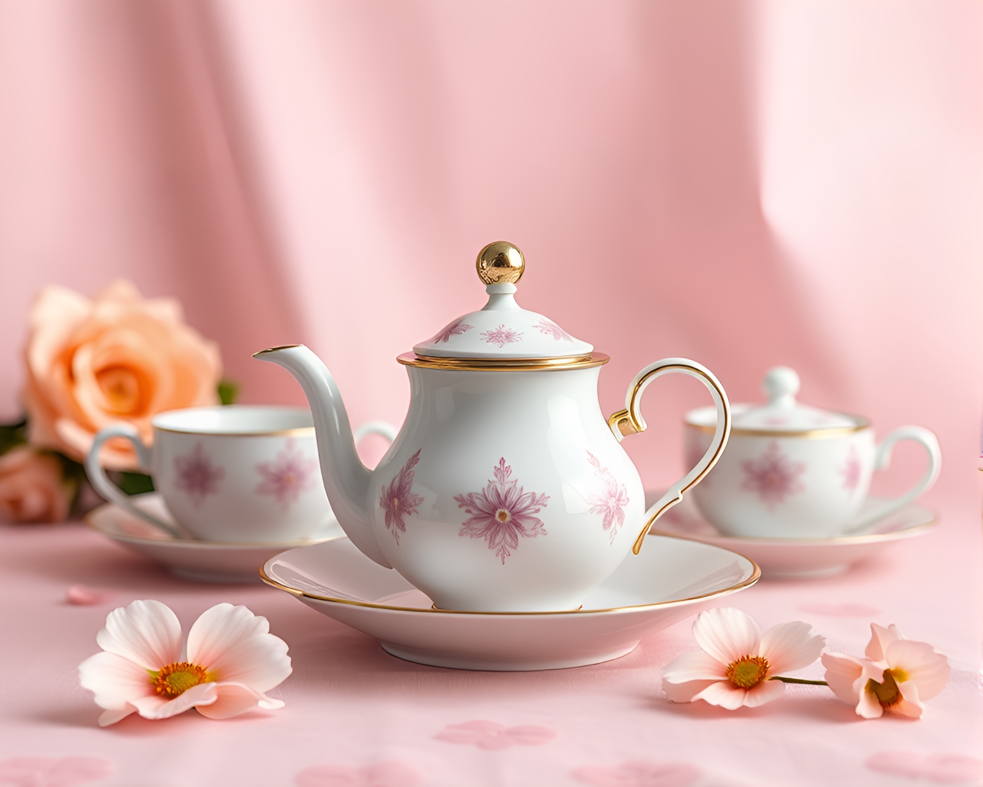 Off-Center Tea Set Composition in Tri-Tone Style – free AI stock image