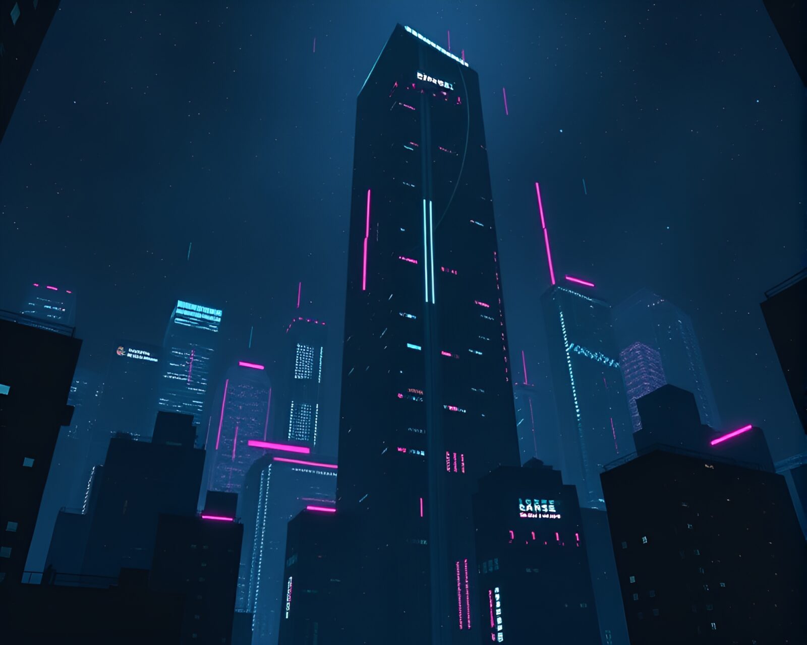 Synthwave style image of a skyscraper in a gloomy basement