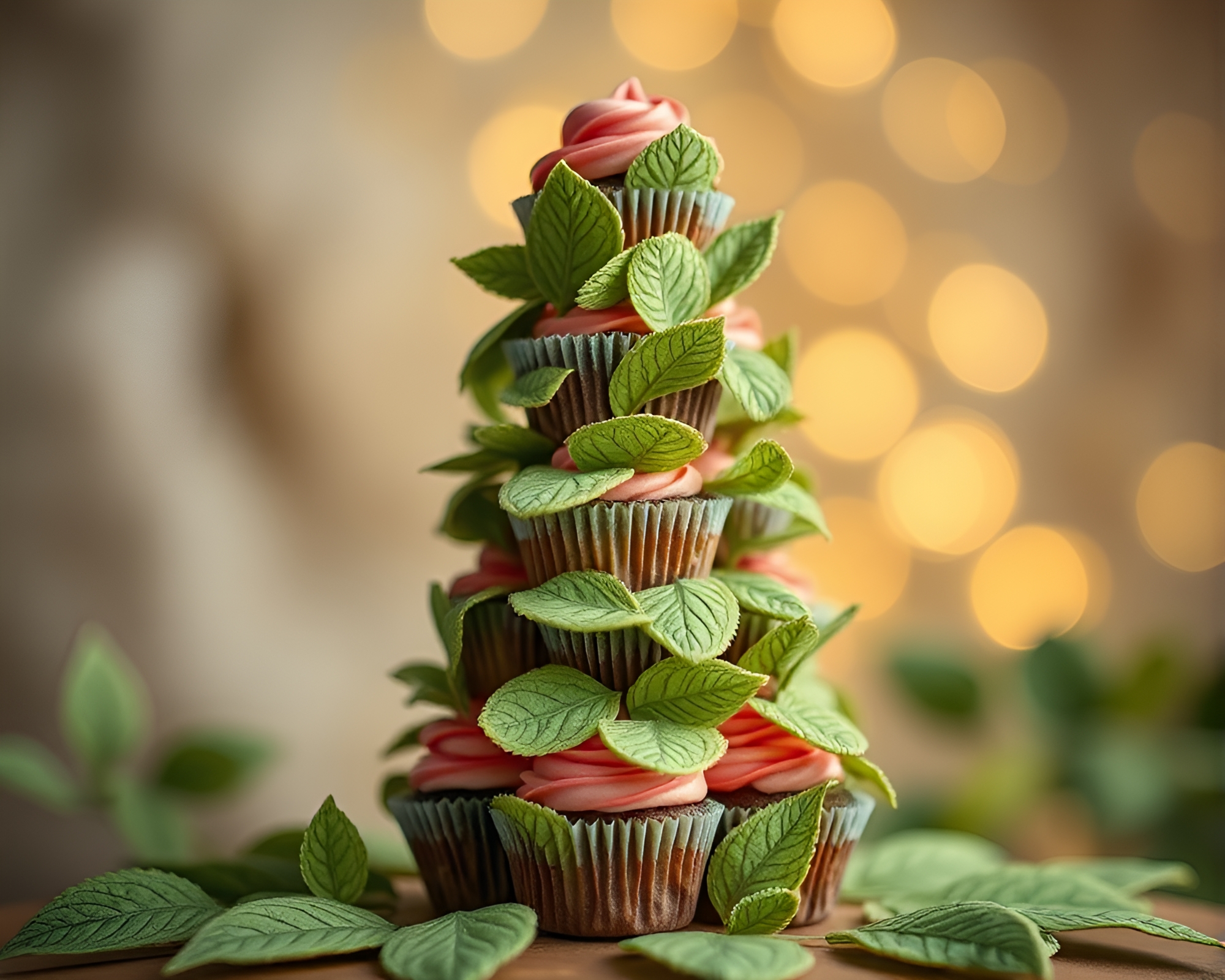 Miniature Cupcake Tower with Leaf Vein Patterns – free AI stock image