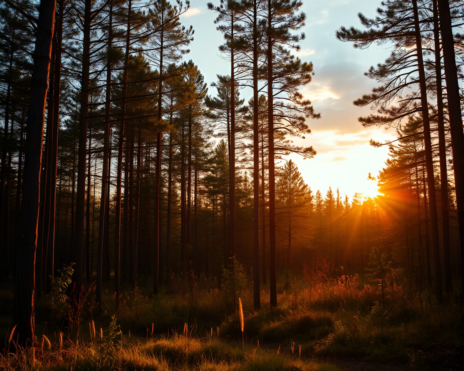 Ethereal forest with detailed skeletal figure study, bathed in golden light
